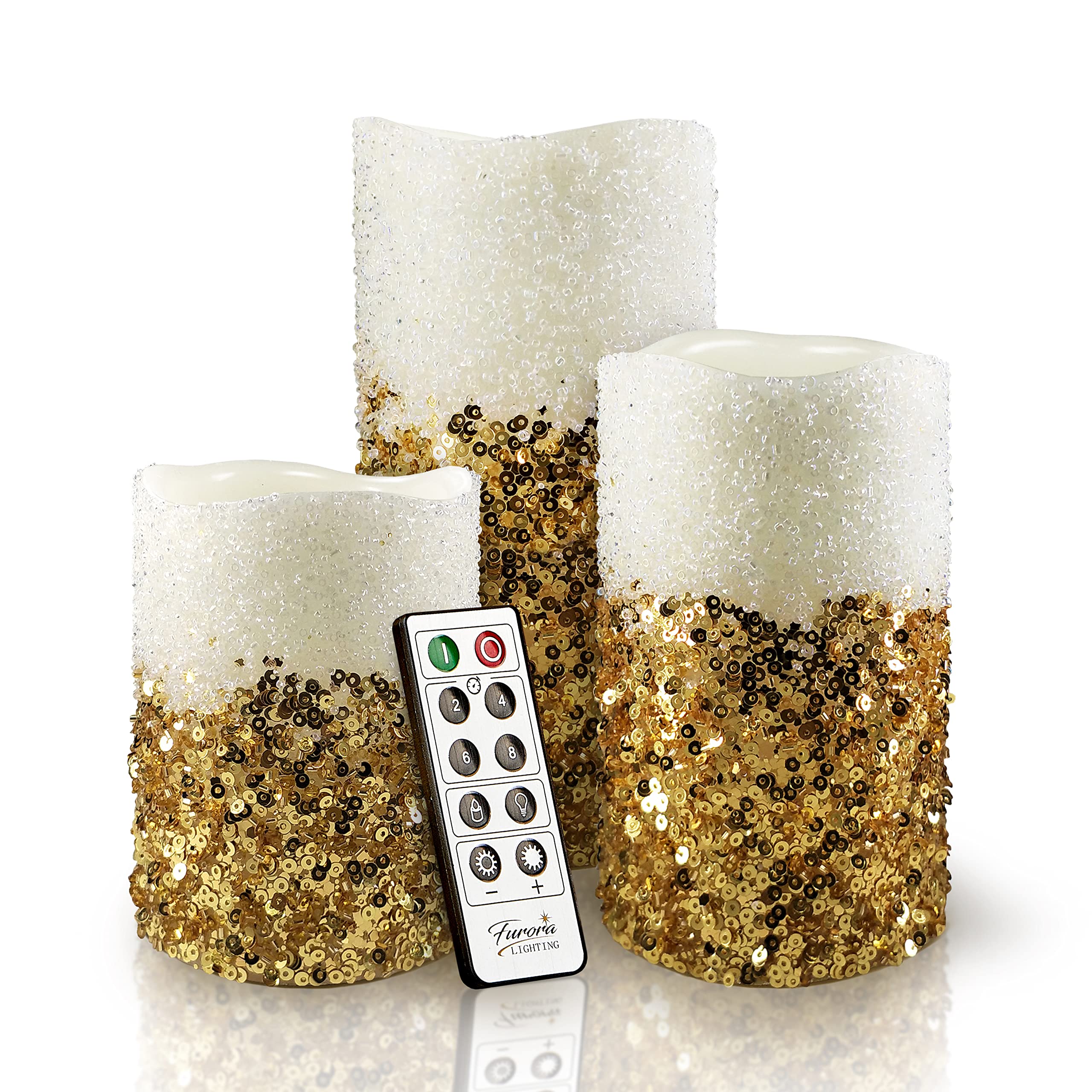 FURORA LIGHTING 3-Pack Gold Flameless LED Pillar Candles with Remote - Battery Operated Fake Candles for Christmas Decor, Wedding Centerpieces, Winter Home Decor | Perfect for Holiday Tablescapes, Fireplace Mantels & Romantic Ambiance