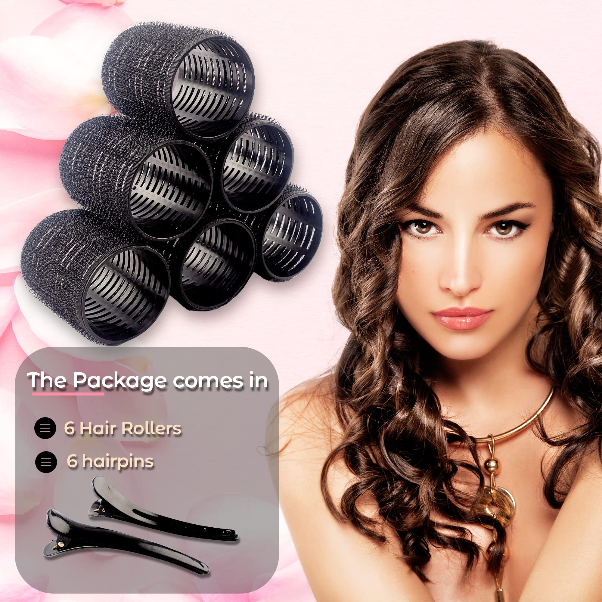 6PCS 50mm No Heat Hair Rollers with Clips - Black Velcro Rollers Set for Long, Medium & Short Hair - Includes Hair Ties, Braider & Comb - Perfect for Creating Volume, Curls & Bangs - Great for Home Styling, Salon Use & Special Occasions