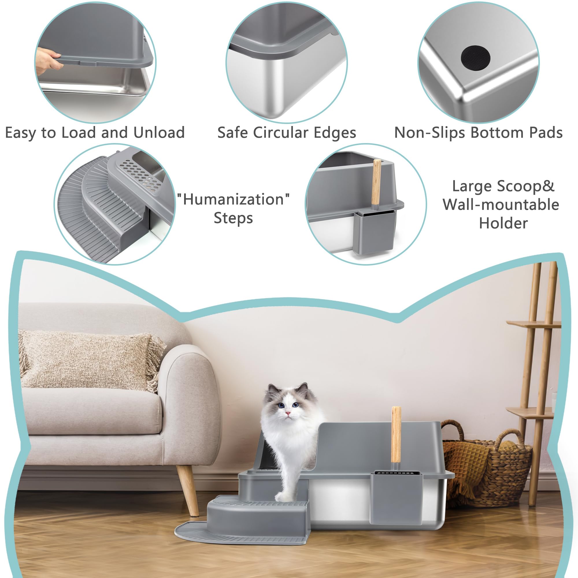 Stainless Steel Cat Litter Box with Steps - XL Size for Large Cats