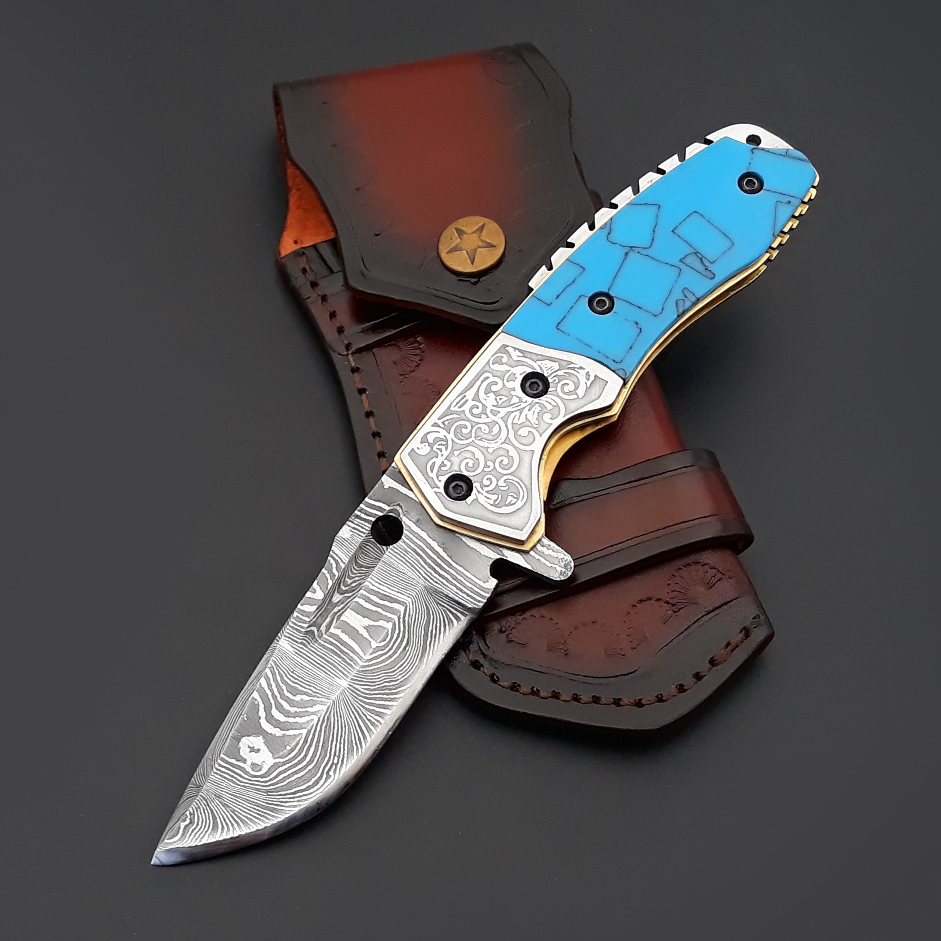 Premium Damascus Steel Folding Knife with Turquoise Resin Handle - EDC Pocket Knife for Camping, Hiking & Outdoor Adventures
