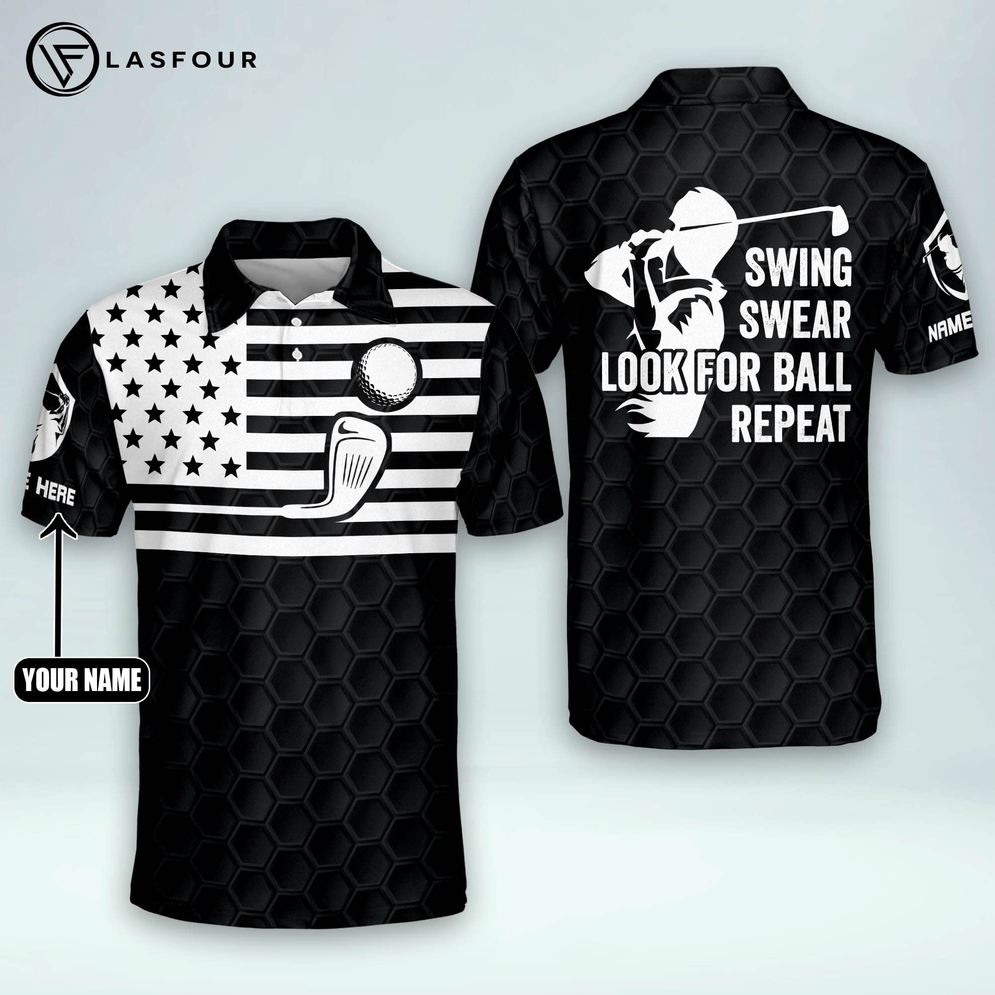 Funny Golf Polo Shirts for Men - 3D Printed 'Swing Swear Find The Ball Repeat' Design | Moisture Wicking Short Sleeve Performance Polo | Lightweight Dry Fit Golf Shirt for Club & Course | Perfect for Golf Tournaments, Casual Wear & Father's Day Gifts
