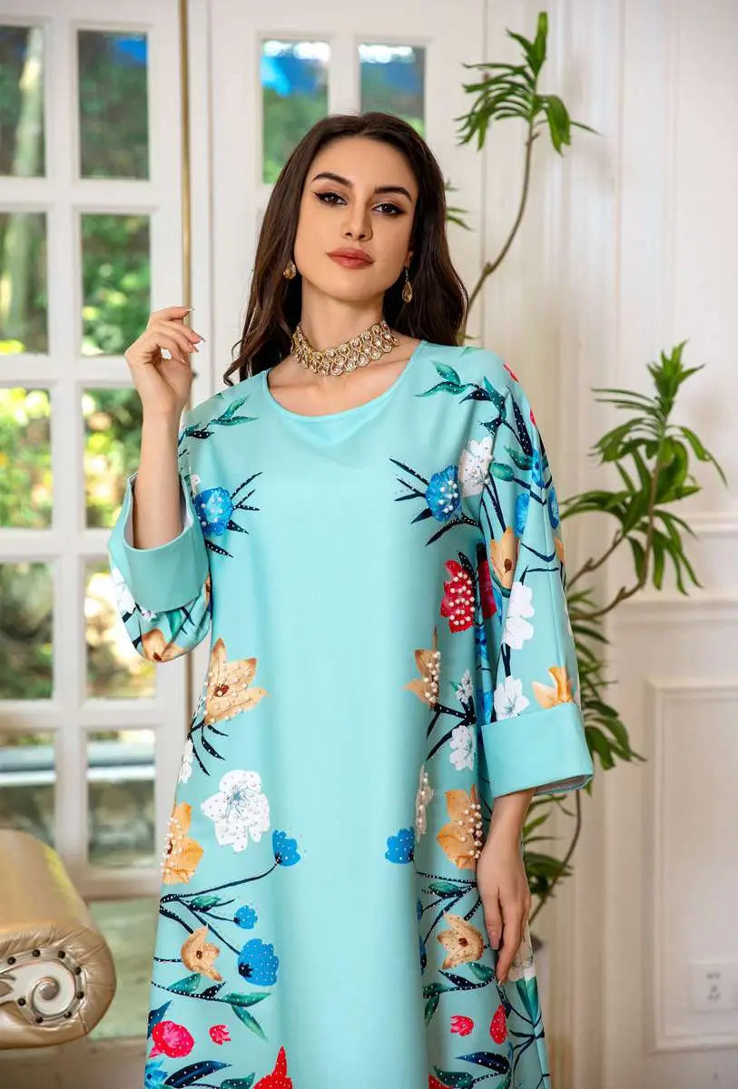 Elegant Eid Dress for Women - Arab Printed Kaftan Caftan Abaya Dress - Perfect for Eid Celebrations, Muslim Holidays & Special Occasions