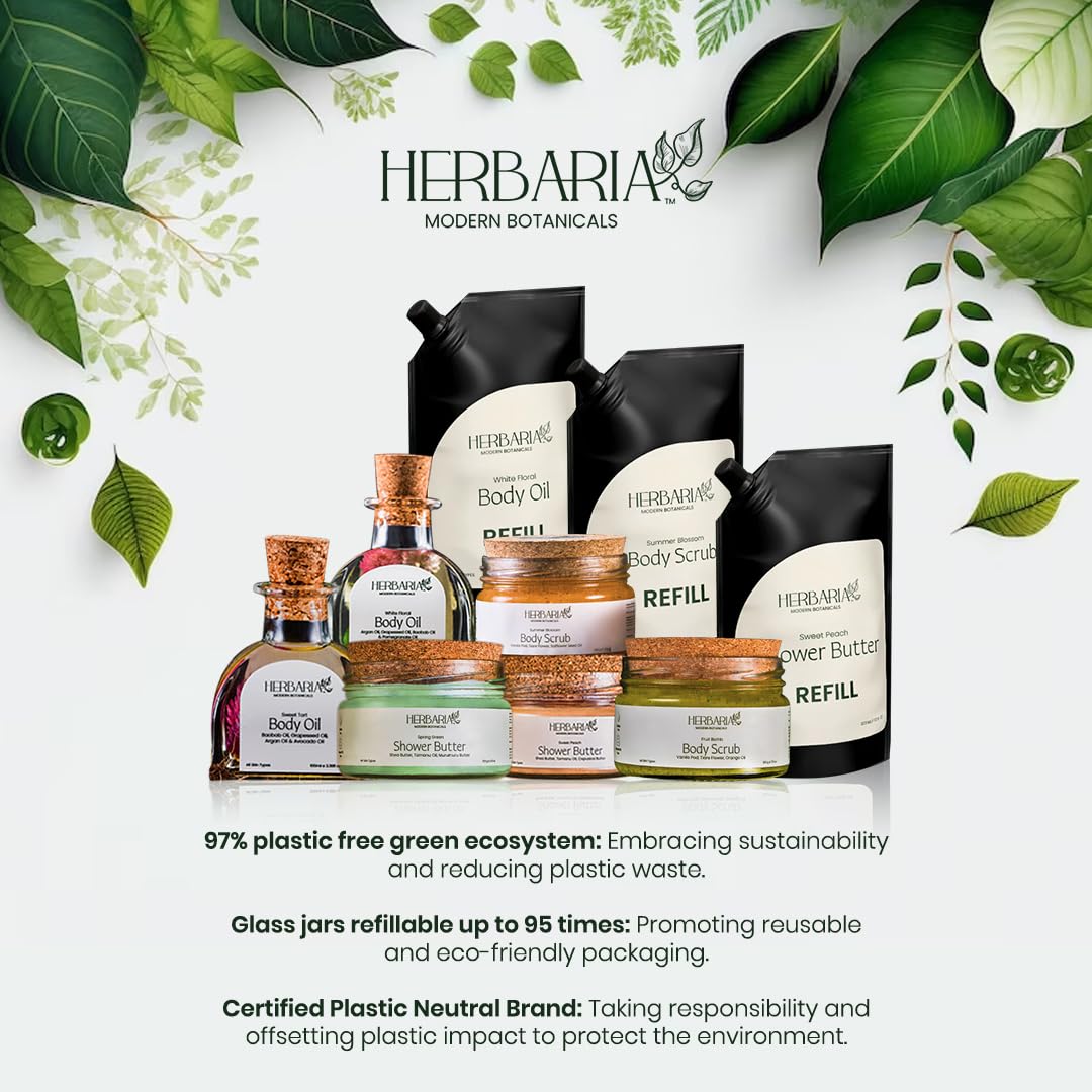 Herbaria White Floral Body Oil - 100ml Jar with 200ml Refill Pack | 100% Vegan Luxury Moisturizer with Grapeseed, Pomegranate, Avocado, Argan & Baobab Oils | All-Season Hydration for Dry Skin, Massage & Aromatherapy | Perfect for Spa Days & Self-Care Rituals