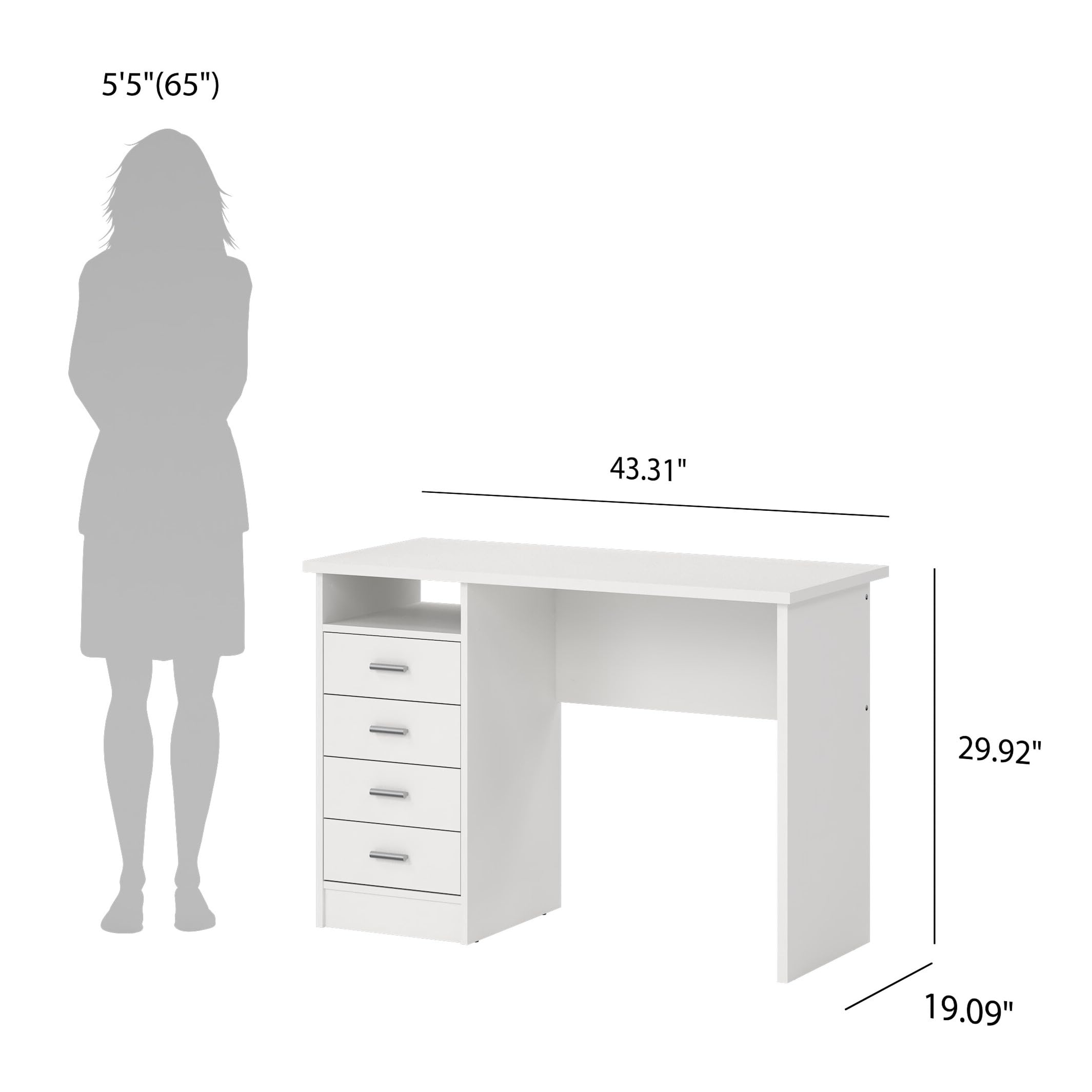 Modern White 4-Drawer Office Desk with Storage - Compact & Functional Writing Desk for Home or Office Workspace - Perfect for Small Spaces, Home Office & Study Rooms