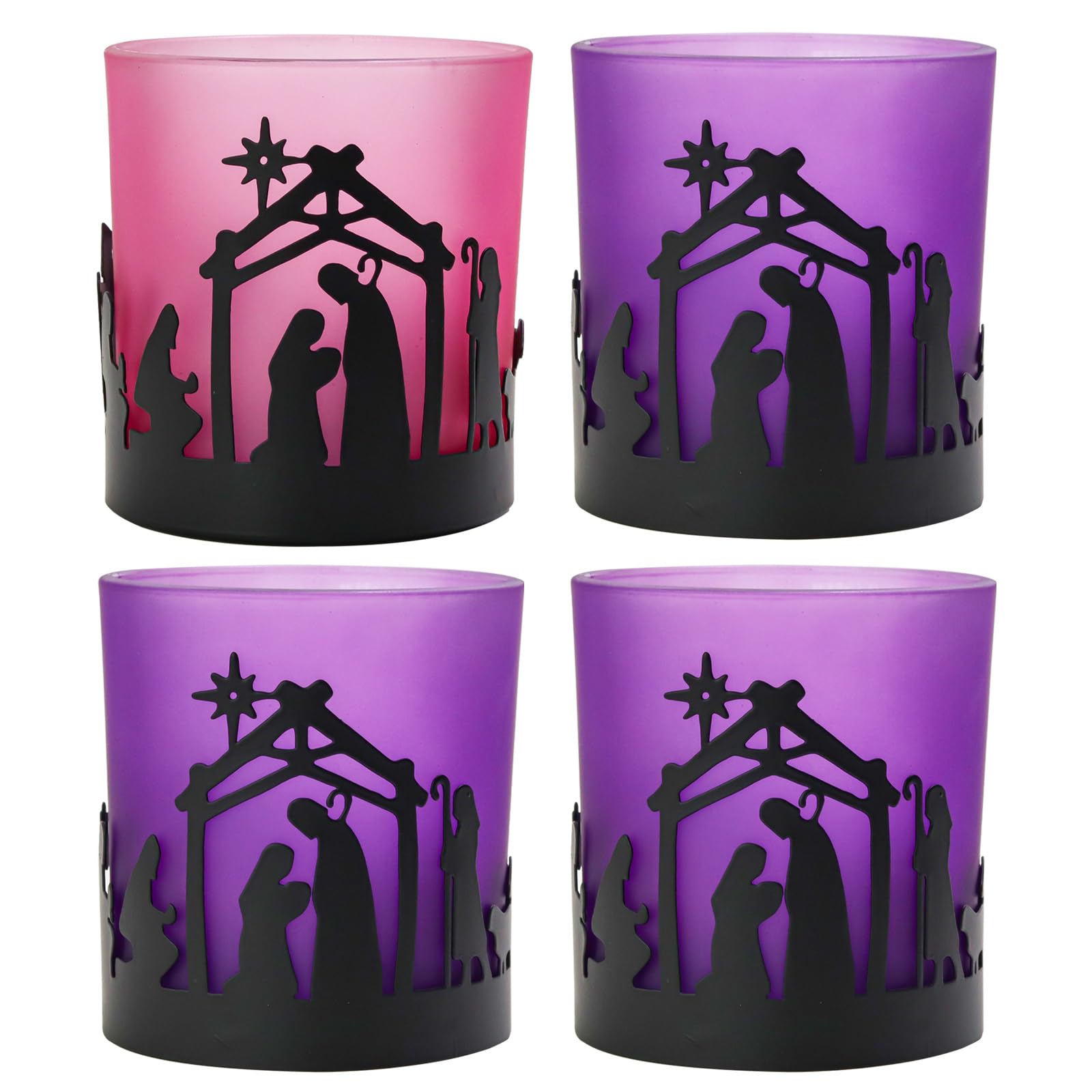 Advent Christmas Candle Holder Set - Glass Votive Tealight Candle Holders for Holiday Decor, Wreath Centerpiece - Perfect for Mantel, Table Decorations & Festive Home Decor (Set of 4)