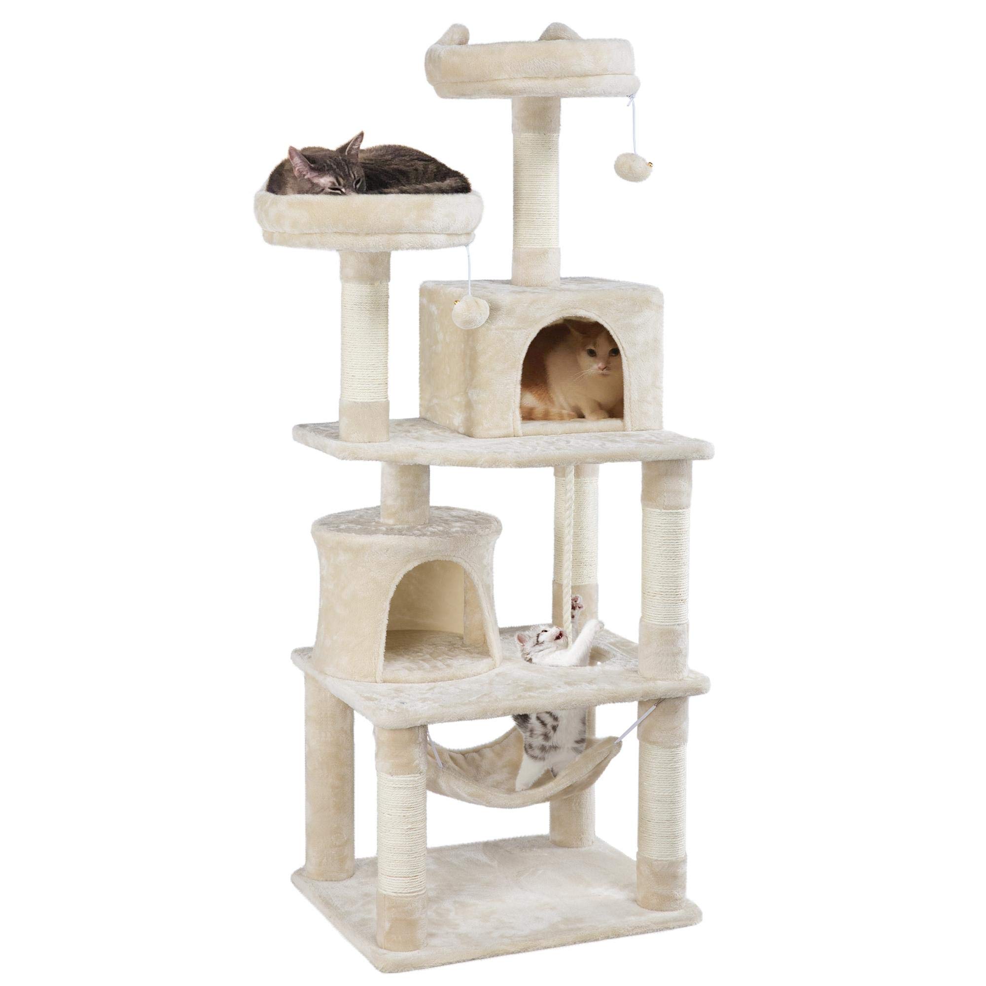 Topeakmart 62.2 Inch Large Cat Tree with 2 Condos, Scratching Posts & Hammock - Multi-Level Kitty Activity Center & Play House for Indoor Cats - Perfect for Small Spaces, Apartments & Multi-Cat Homes