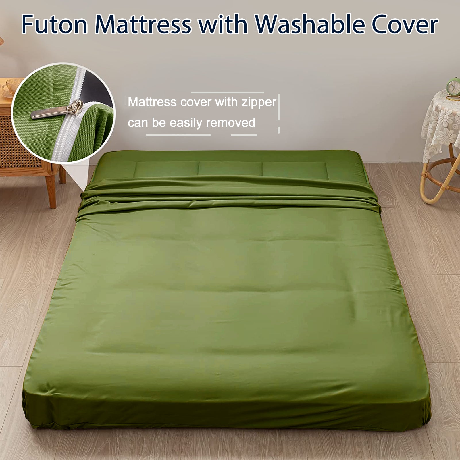 MAXYOYO Padded Japanese Floor Mattress - Green Foldable Roll Up Futon Mattress for Bedroom, Guest Room & Travel | Comfortable Floor Sleeping & Lounging
