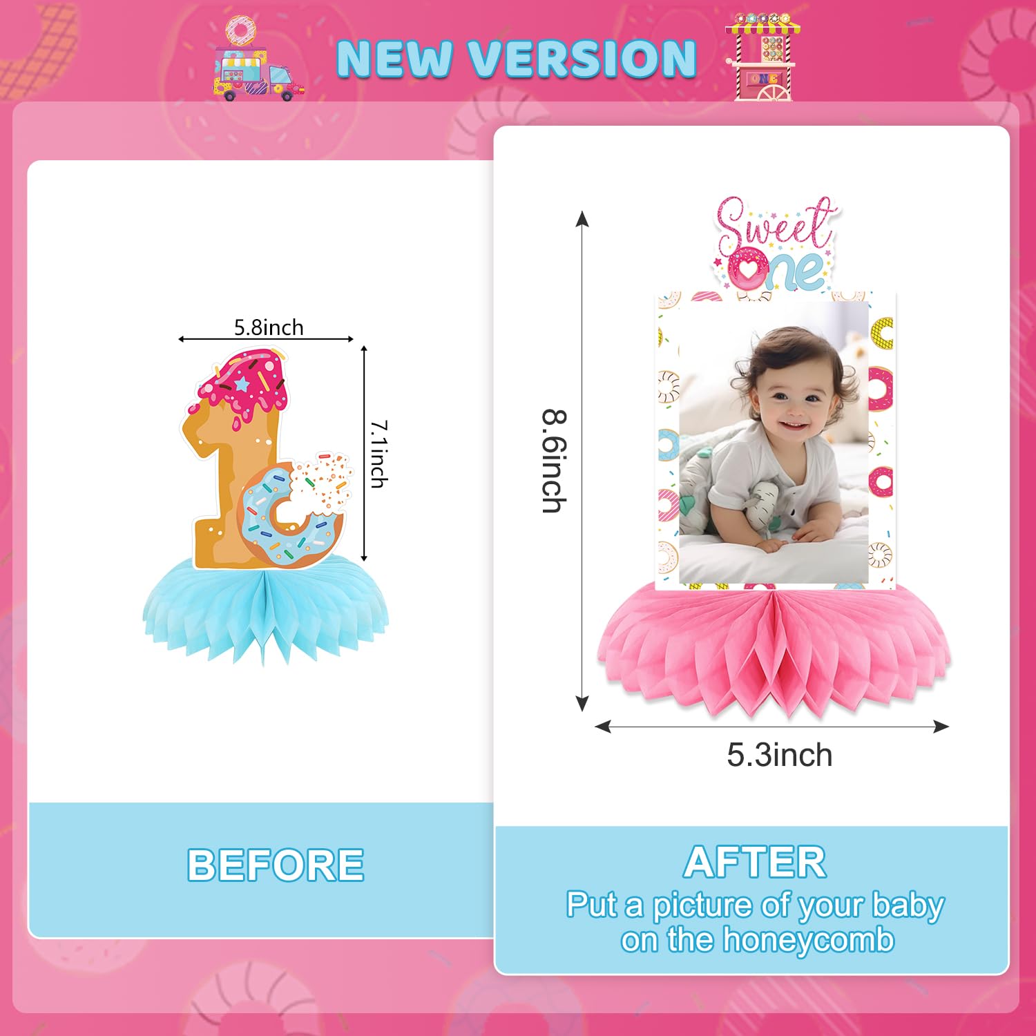 Sweet One Birthday Party Decorations Set - Honeycomb Donut Centerpieces for Tables, First Birthday Photo Backdrop & Party Supplies - Perfect for Girls' 1st Birthday, Baby Shower & Dessert-Themed Celebrations