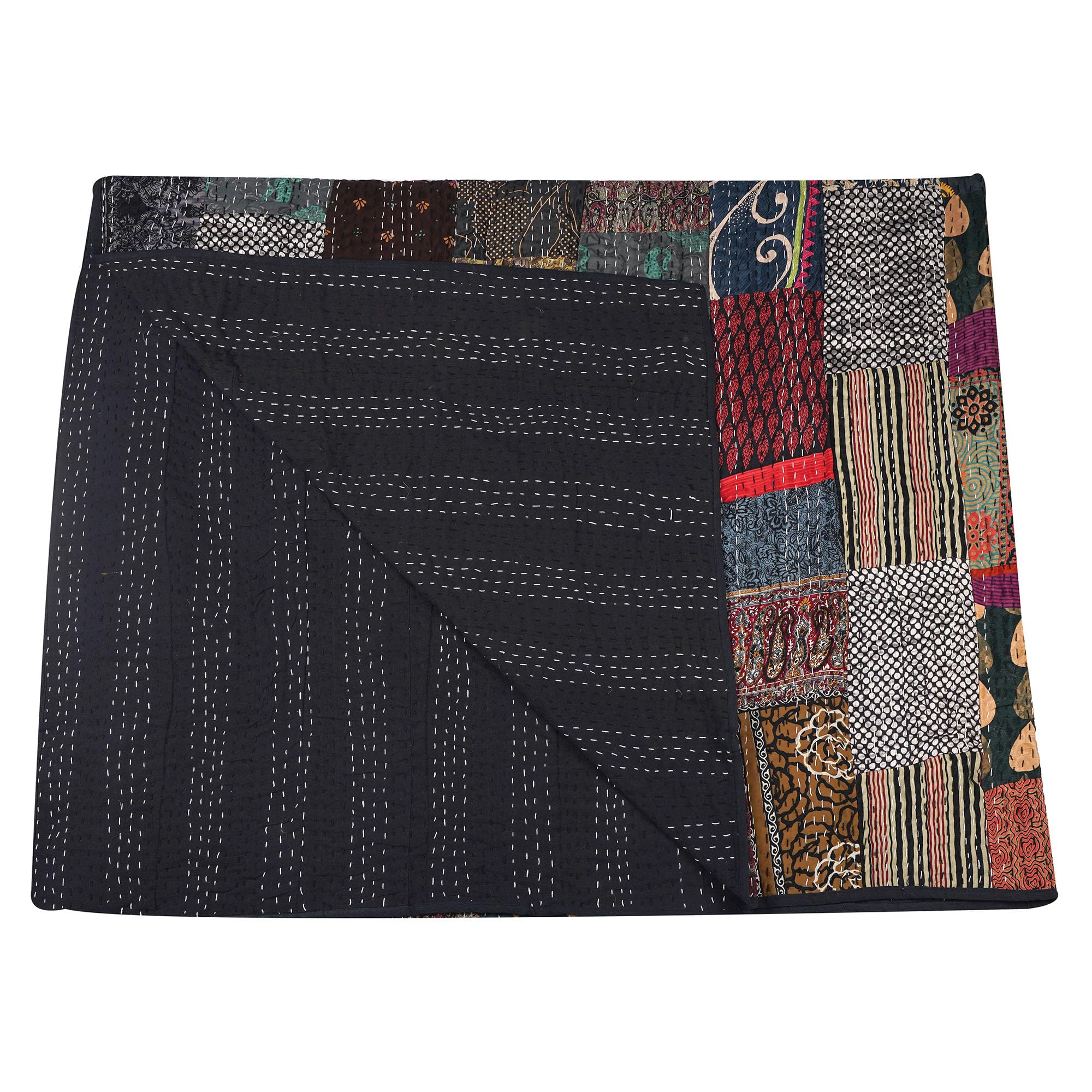 Handmade Cotton Kantha Blanket - Indian Silk Sari Patchwork Quilt | Queen Size 90x108 Inch | Soft & Lightweight for Bed, Sofa & Travel | Marubhumi Premium Blankets