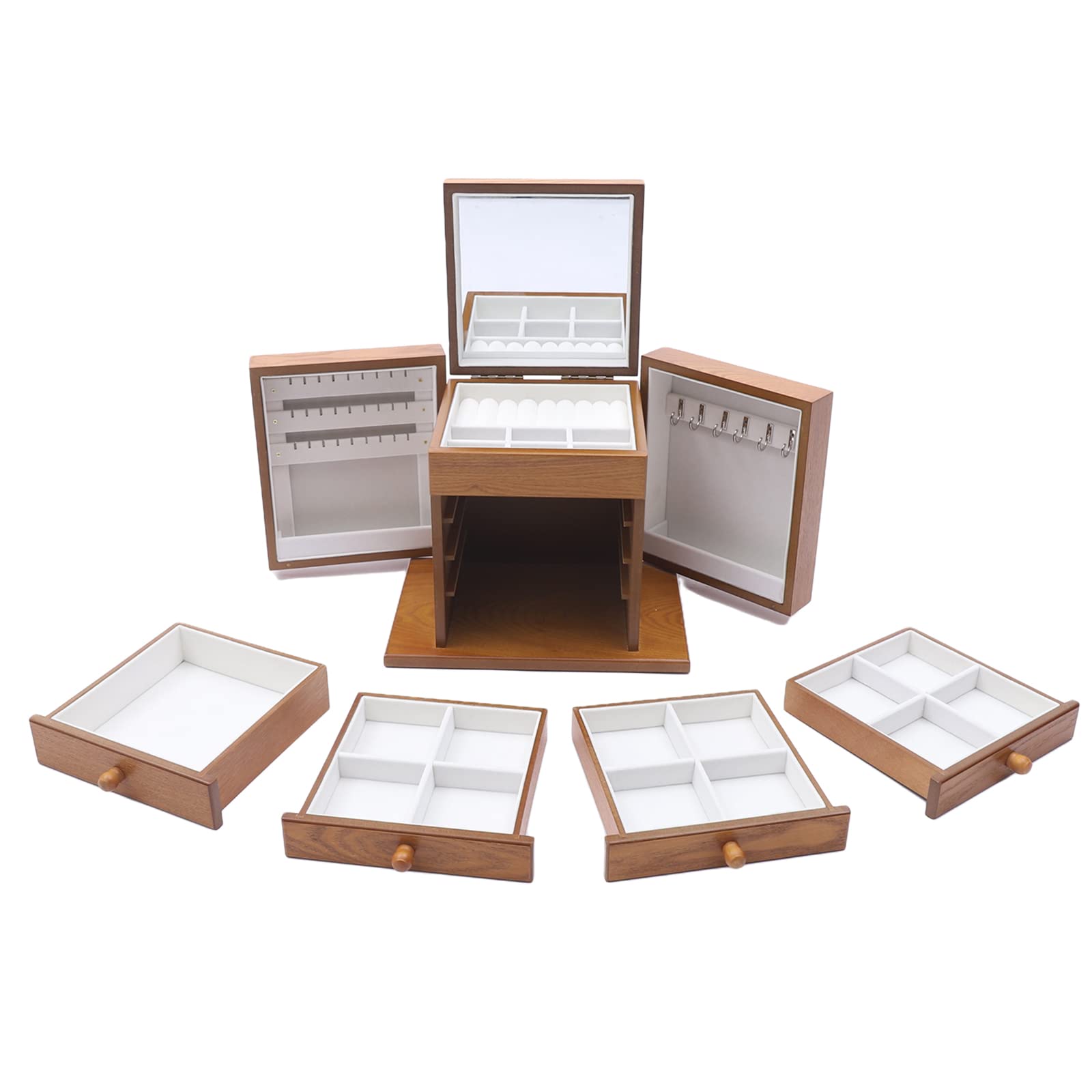 5-Layer Jewelry Organizer Box with Mirror & Drawers - Large Jewelry Storage Case for Earrings, Necklaces, Bracelets & Watches - Dark Brown Wooden Jewelry Box for Bedroom, Vanity & Travel
