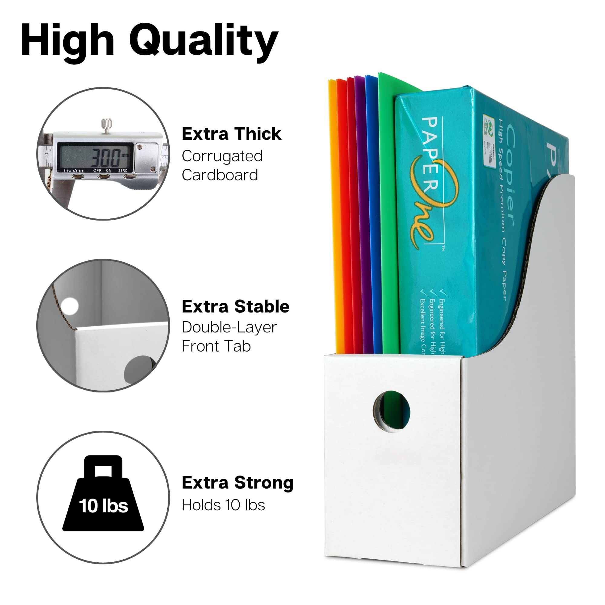 Dunwell White Magazine File Holder (6 Pack) - Sturdy Cardboard Magazine Organizer, Vertical File Folder Holder for Office, Desk or Classroom - Perfect for Books, Documents, Office Supplies & School Materials Storage