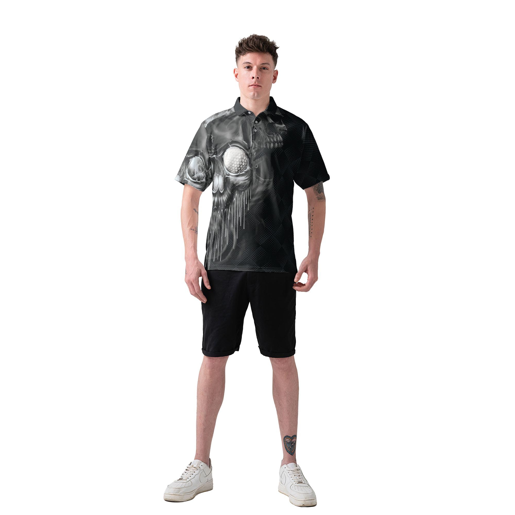 HYPERFAVOR Men's Black & White Skull Print Quick-Dry Golf Polo Shirt - Breathable Short Sleeve Performance Shirt for Golfing, Casual Wear & Outdoor Activities