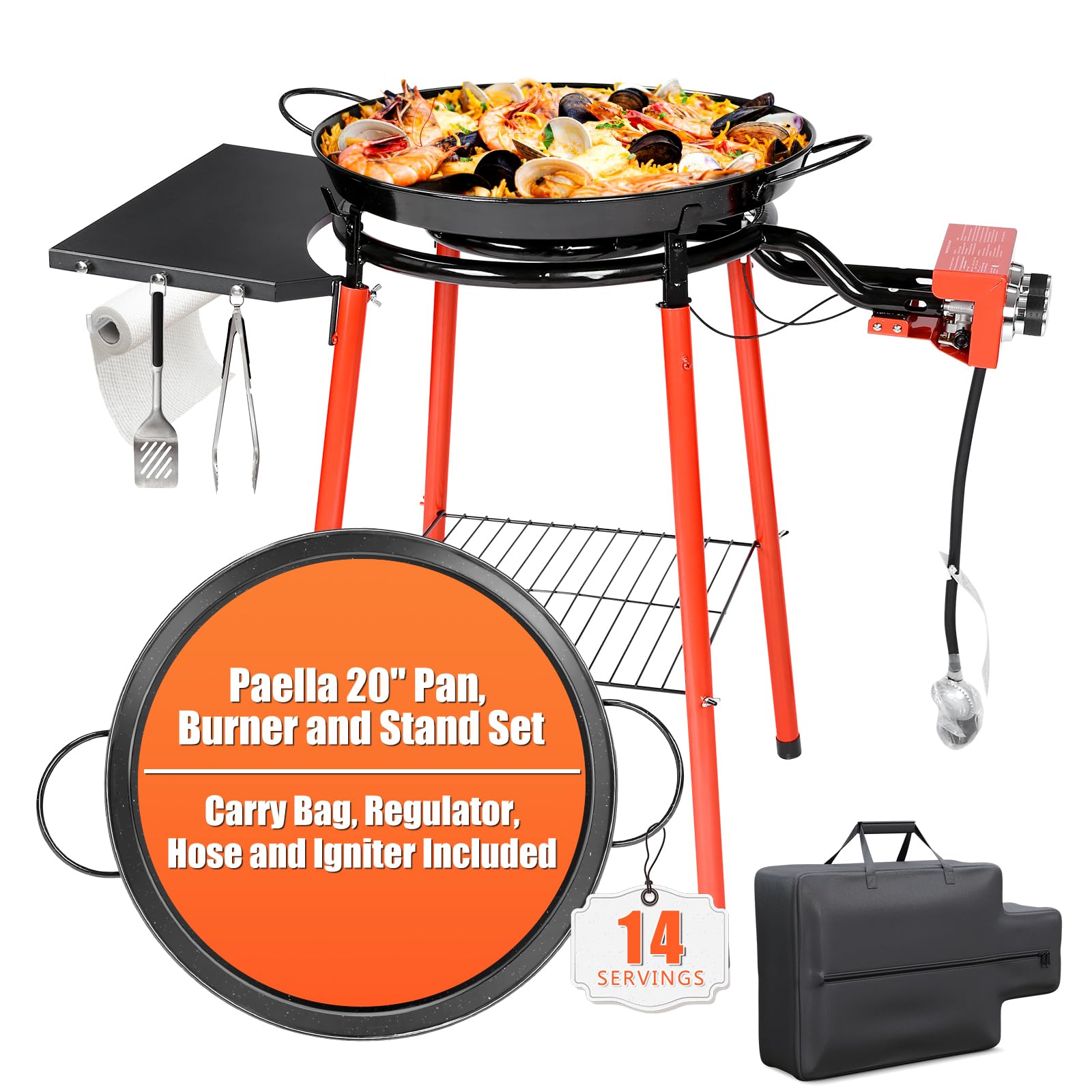20-Inch Enameled Steel Paella Pan Set with Lid, Burner, Stand & Carry Bag - Complete Paella Kit with Built-In Ignitor, Regulator Hose (14 Servings) - Perfect for Outdoor Cooking, Parties, BBQs & Spanish Cuisine