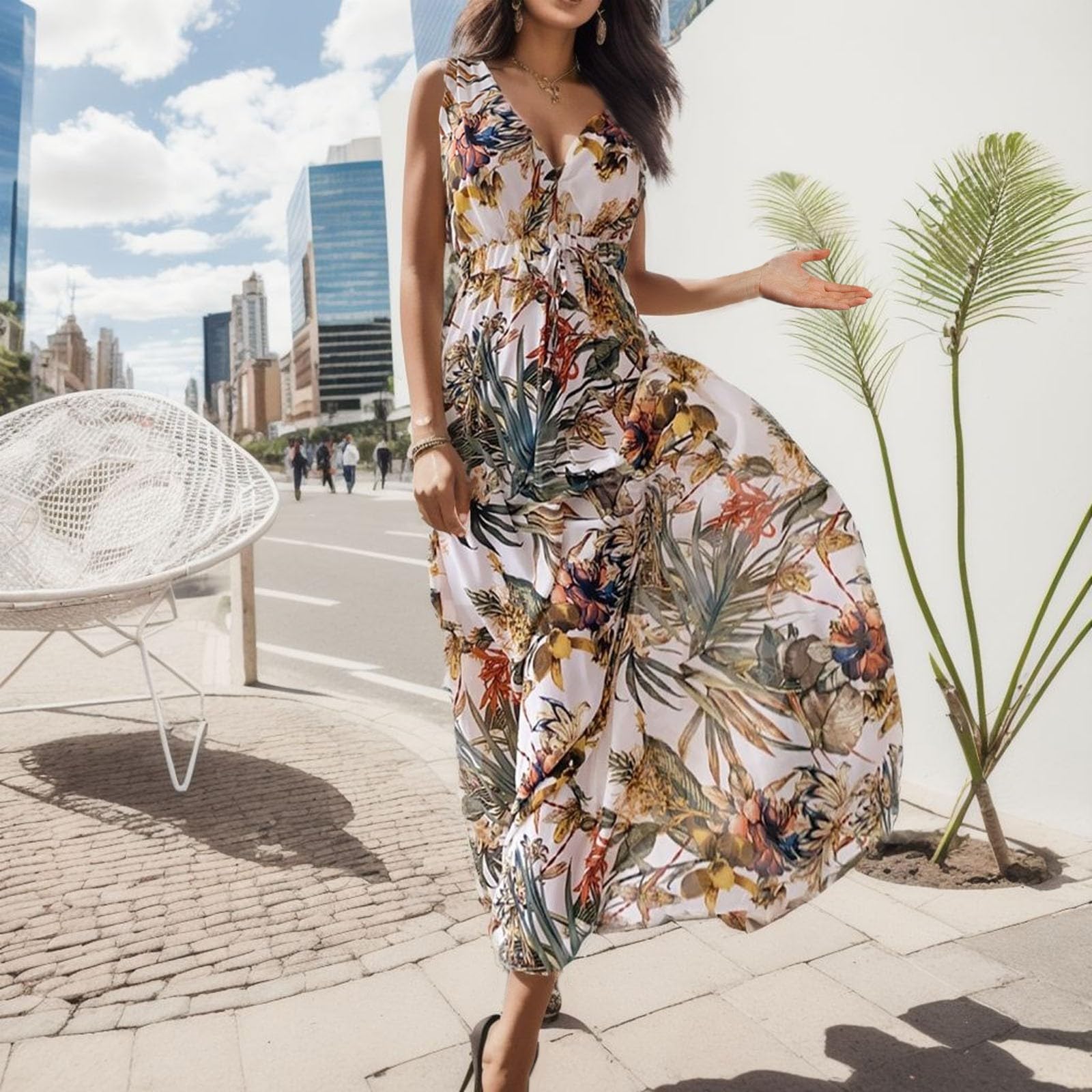 2024 Trendy Women's Tropical Wrap Dress - Floral Boho V-Neck Flowy Ruched Hawaiian Maxi Dress for Spring Summer | Beach Vacation, Pool Party & Casual Outings