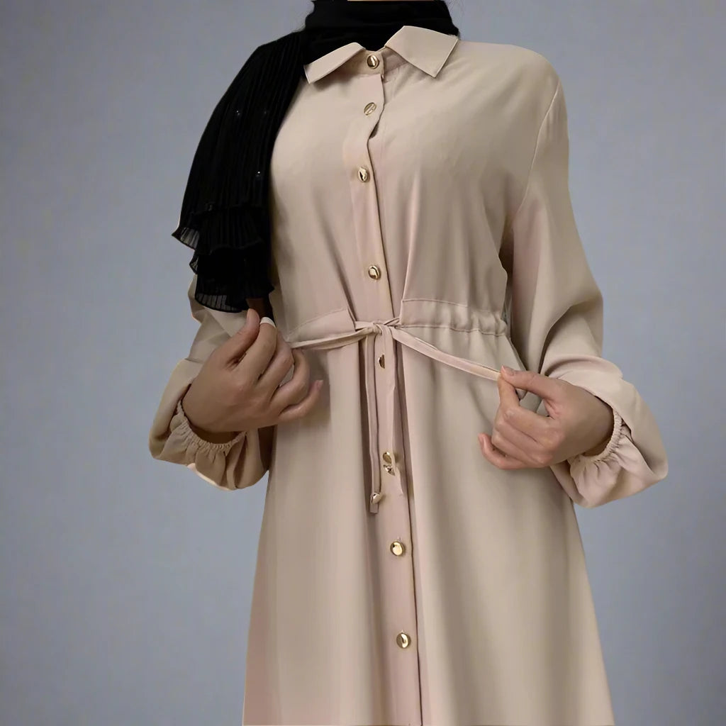 Elegant Muslim Button Up Abaya Dress with Stand Collar - Modest Islamic Prayer Dress for Women, Perfect for Mosque, Eid & Special Occasions