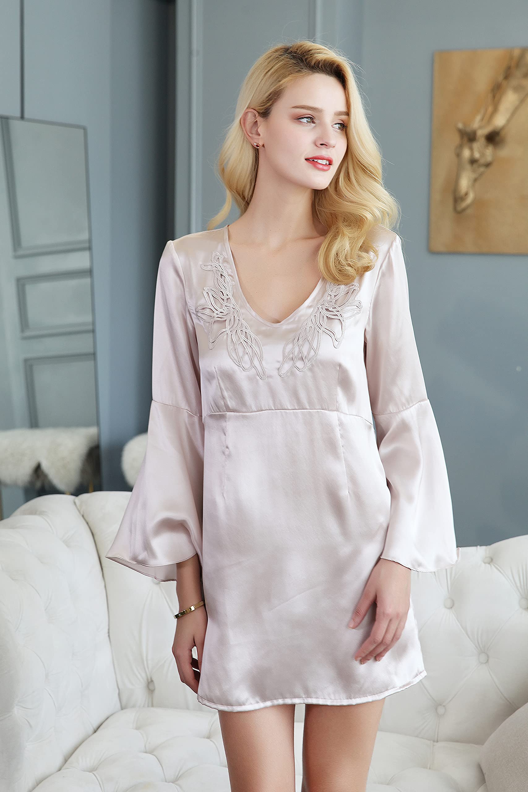 CLC Women's Silk Nightgown - Long Sleeve Elegant Pajama Set for Sleeping & Lounge Wear - Soft Comfortable Nightdress for Relaxation at Home