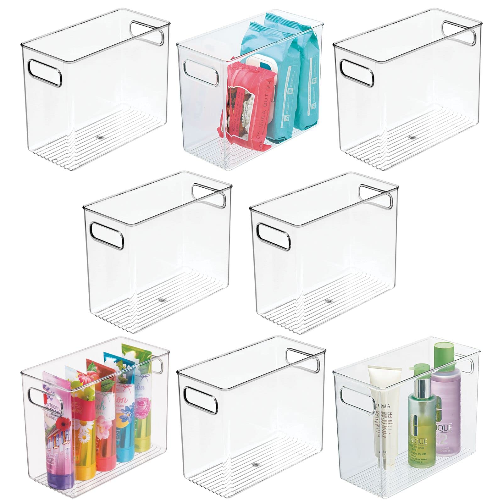 mDesign Clear Plastic Stackable Tall Storage Bins with Handles - 8 Pack for Bathroom, Closet & Under Sink Organization | Holds Soaps, Makeup & Styling Tools | Perfect for Home, Office & Kids Room Storage - Ligne Collection