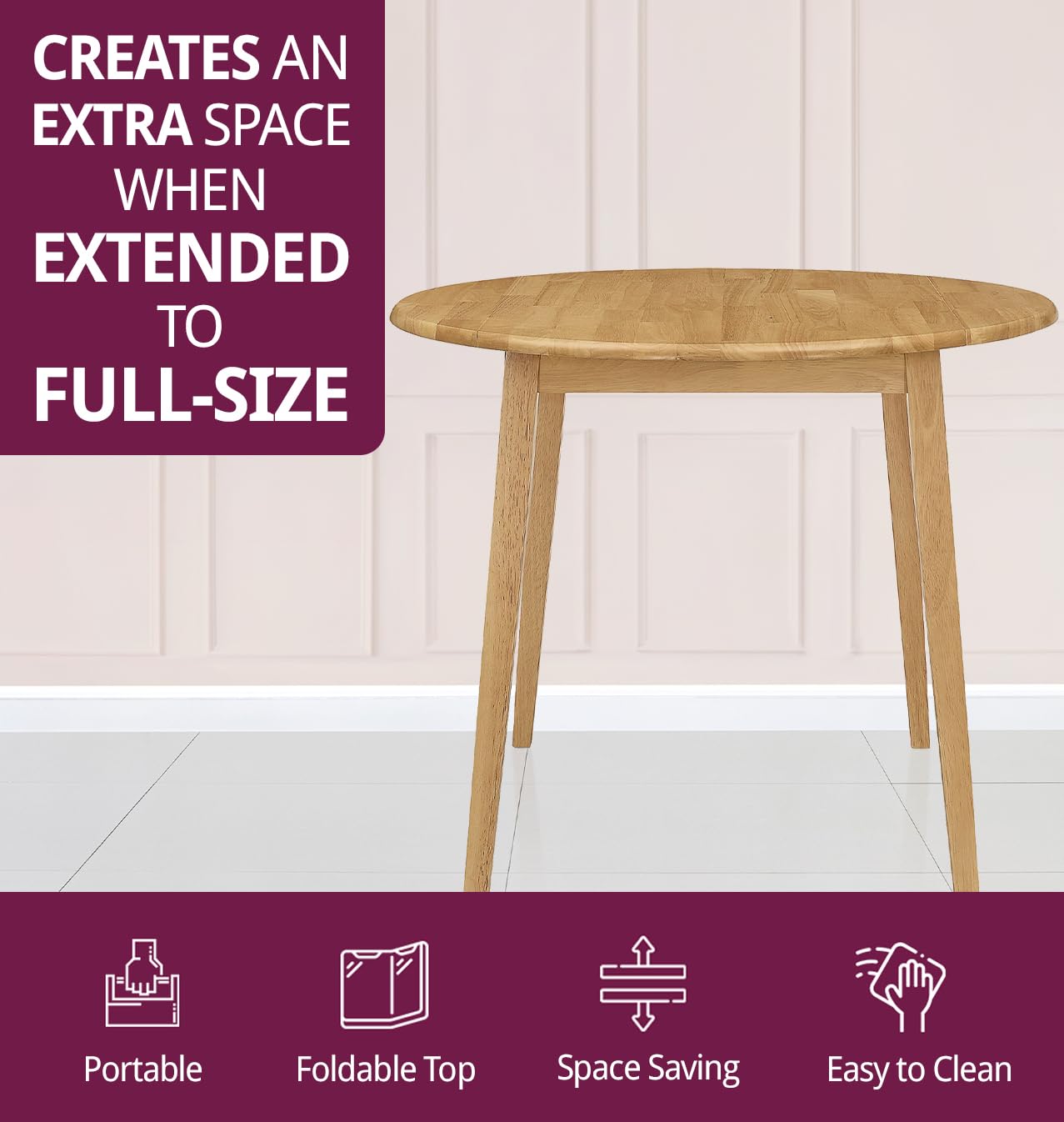 Hallowood Ledbury Small Drop Leaf Round Dining Table - Solid Wood Folding Kitchen Table in Oak Finish for Home, Café & Small Spaces | Perfect for Apartments, Breakfast Nooks & Cozy Dining Areas