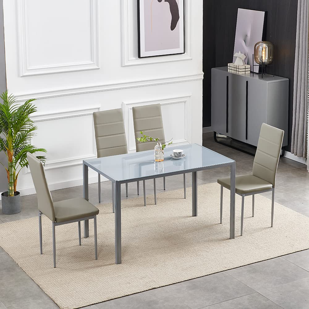 Ansley&HosHo 5-Piece Modern Dining Set - Grey Glass Table & PU Leather Chairs, Kitchen & Home Furniture for 4 People | Perfect for Small Spaces, Apartments & Family Meals