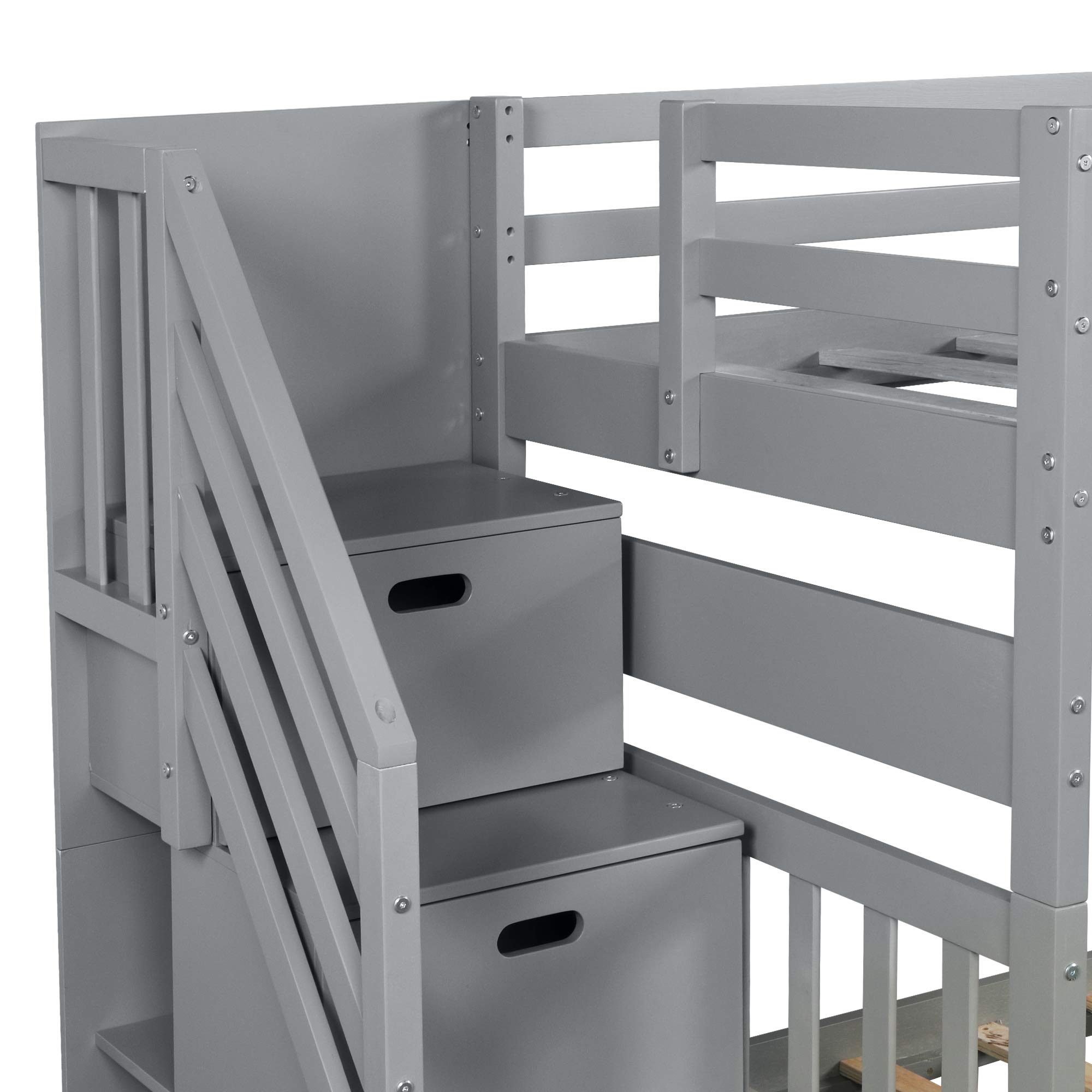 SOFTSEA Twin Over Twin Bunk Beds with Trundle - Wooden Kids Bunk Bed with Stairs, Convertible Bottom Bed, No Box Spring Needed - Space-Saving Solution for Kids' Bedrooms, Guest Rooms & Small Spaces (Gray)