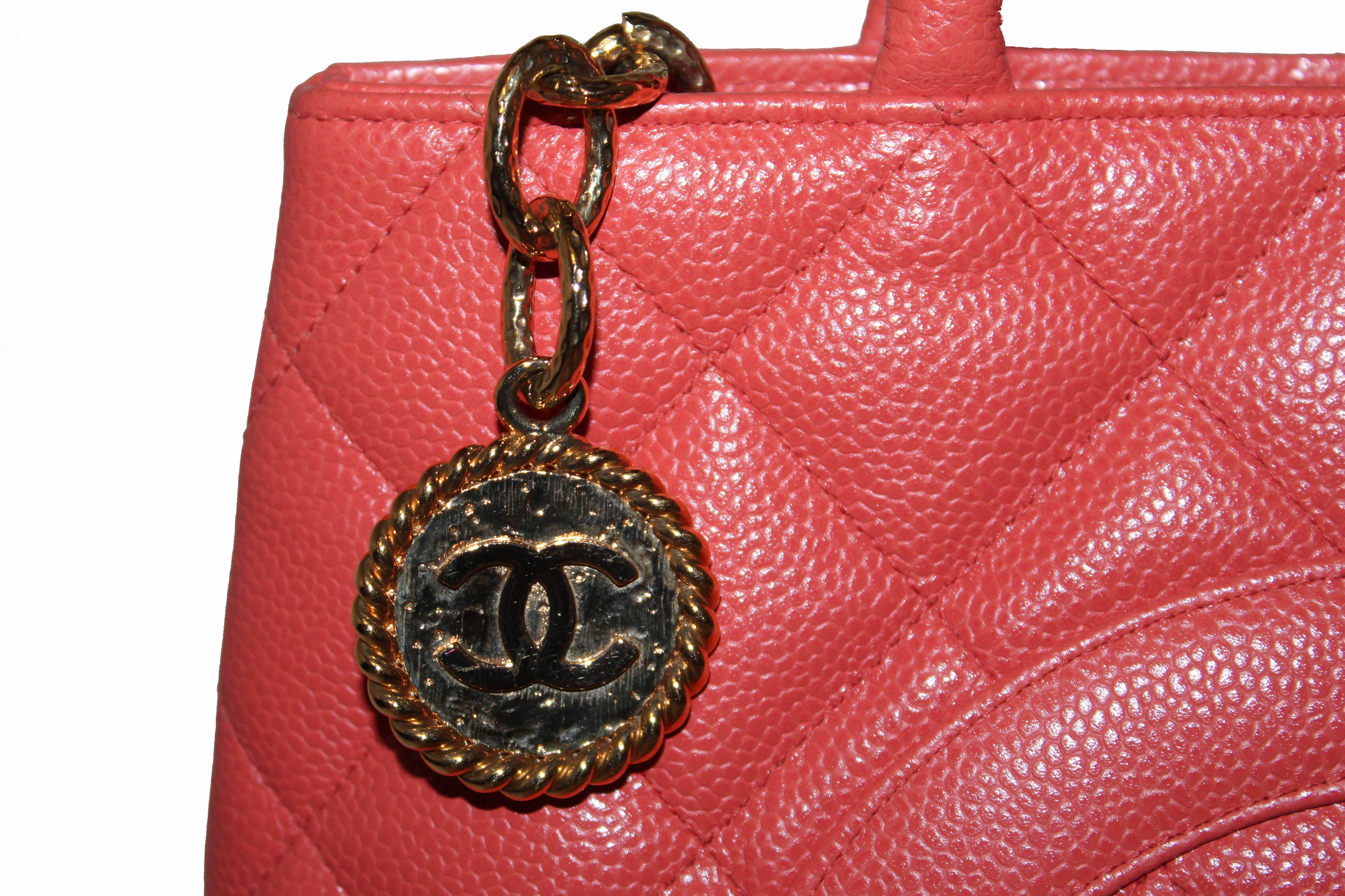 Authentic Chanel Coral Caviar Leather Medallion Tote Shoulder Bag for Women - Luxury Designer Handbag for Work, Travel & Everyday Use