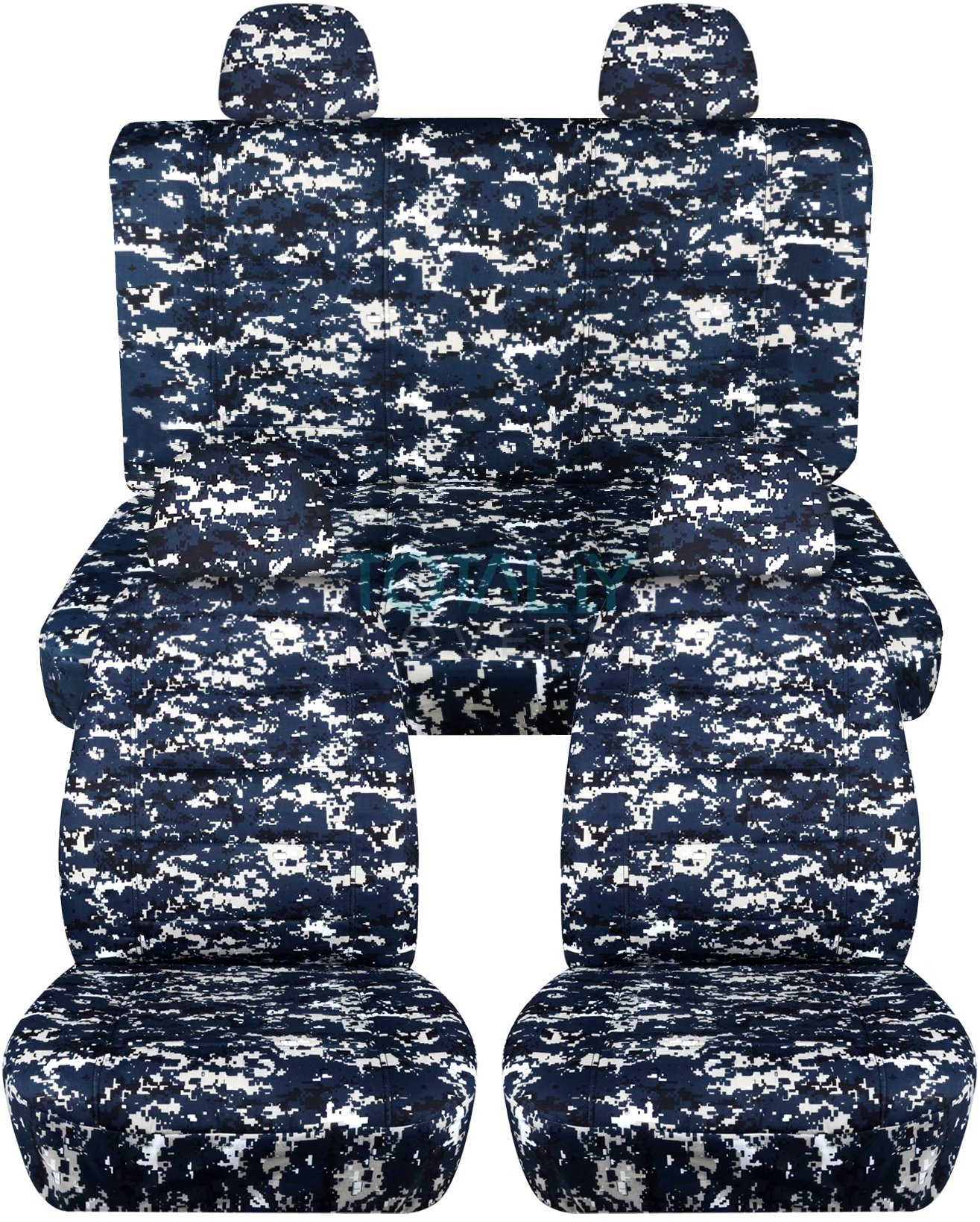 Blue Digital Camo Car Seat Covers Full Set - 4 Piece (2 Front + 2 Rear) with Headrest Covers - Semi-Custom Fit for Any Car, Truck, Van, RV or SUV - 22 Camouflage Patterns Available - Perfect for Outdoor Adventures, Hunting & Off-Roading