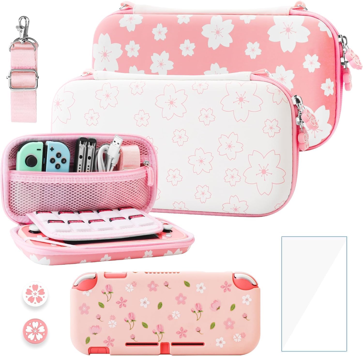 RHOTALL Carrying Case for Nintendo Switch Lite - Protective Hard Shell, Screen Protector, Adjustable Shoulder Strap & 2 Thumb Grips (Rose/White) - Perfect for Travel, Gaming On-The-Go & Storage Protection