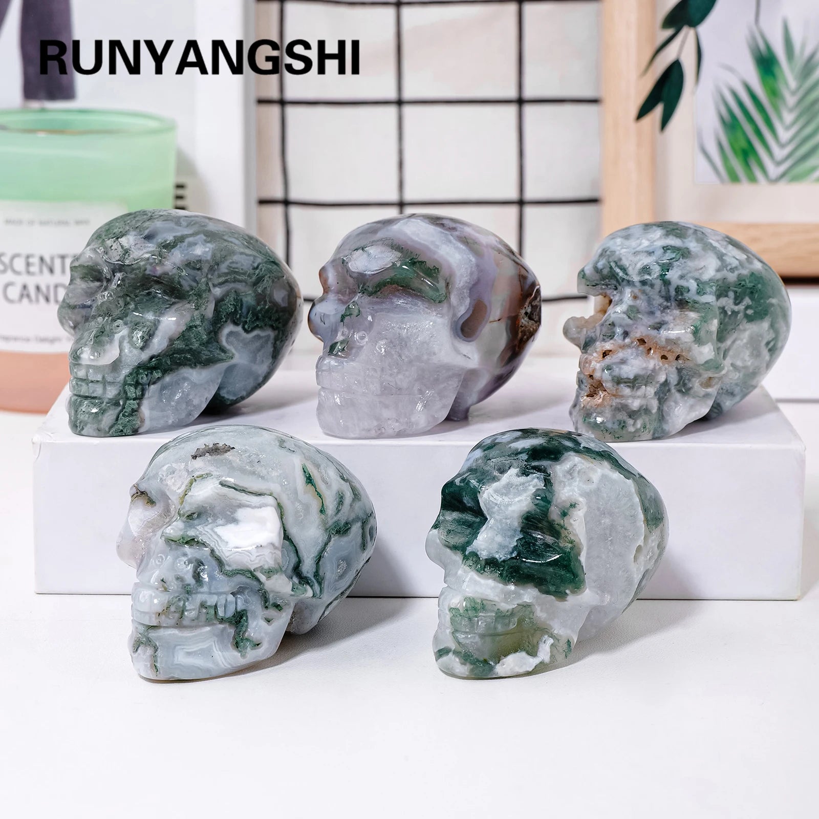 Natural Moss Agate Crystal Skull - Hand Carved Healing Stone for Reiki, Meditation & Home Decor - Unique Spiritual Gift for Collectors & Crystal Enthusiasts (Perfect for Altars, Yoga Spaces & Office Desk Decor)