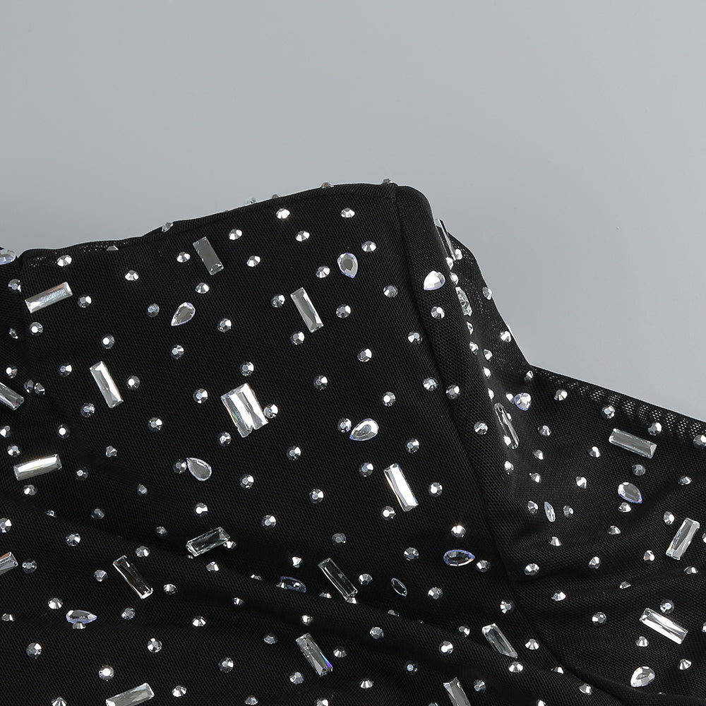 Elegant Black Crystal Embellished Mesh Midi Dress for Women - Perfect for Evening Parties, Weddings & Special Occasions