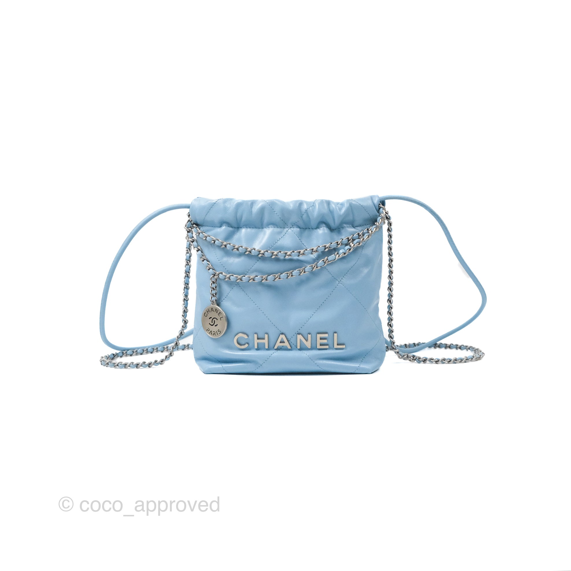Chanel 22 Mini Bag Light Blue Shiny Crumpled Calfskin - Luxury Designer Crossbody Purse for Women | Perfect for Parties, Date Nights & Special Occasions