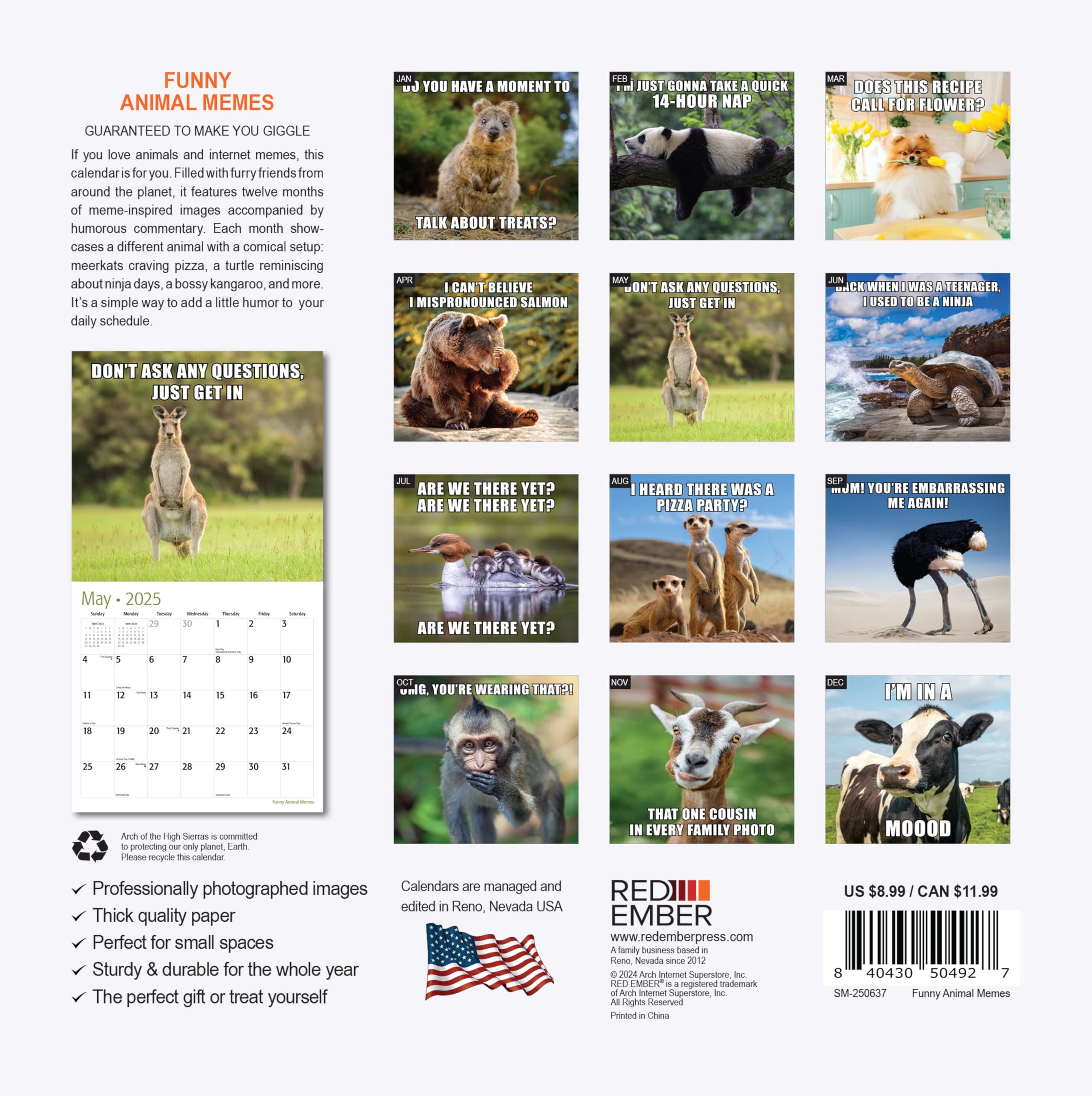 Funny Animal Memes Mini 2025 Wall Calendar - 12 Months, 7