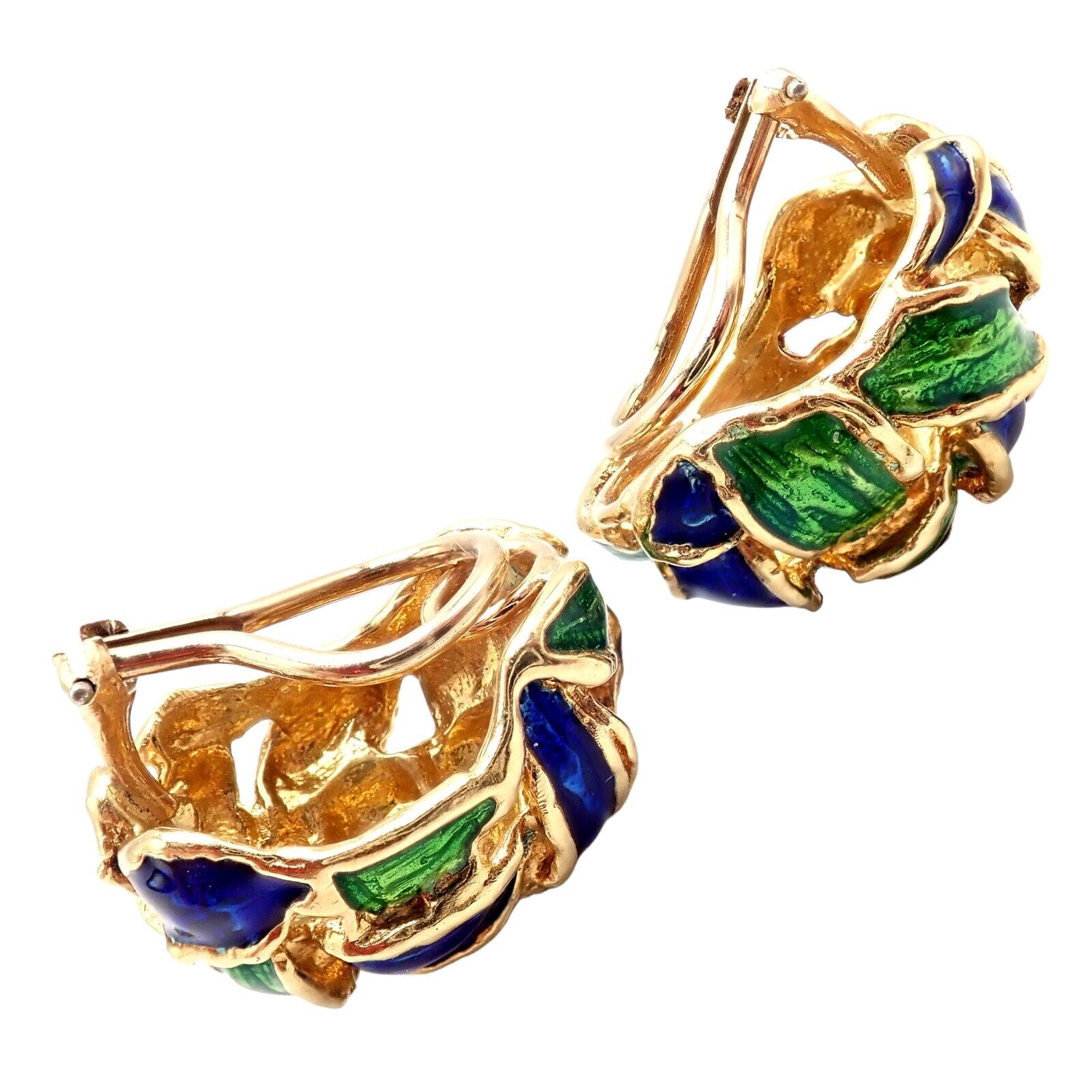Vintage Tiffany & Co Green Blue Enamel 18k Yellow Gold Basket Weave Earrings - Luxury Jewelry for Women, Perfect for Weddings, Parties & Special Occasions