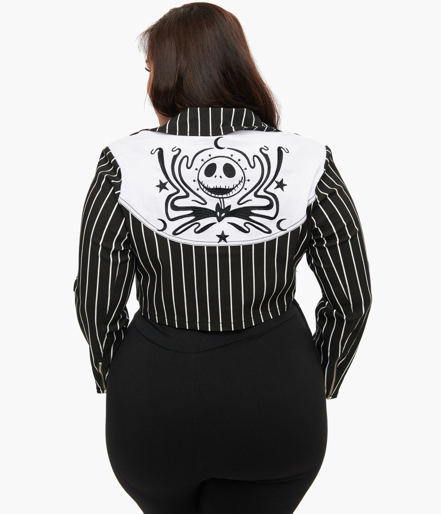 Unique Vintage Plus Size Black & White Striped Jack Skellington Western Jacket - Tim Burton's The Nightmare Before Christmas Inspired Costume | Perfect for Halloween, Cosplay & Movie-Themed Parties