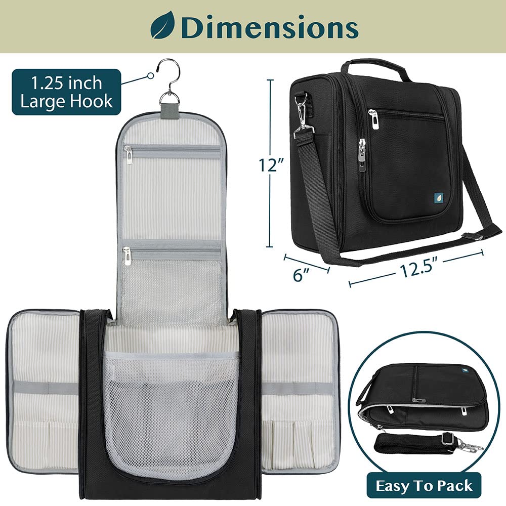 PAVILIA Extra Large Hanging Toiletry Bag for Women & Men - Waterproof Travel Cosmetic Organizer with Multiple Pockets - Perfect for Makeup, Toiletries & Travel Essentials (Black) - Ideal for Airplane, Gym, Camping & Vacation Trips