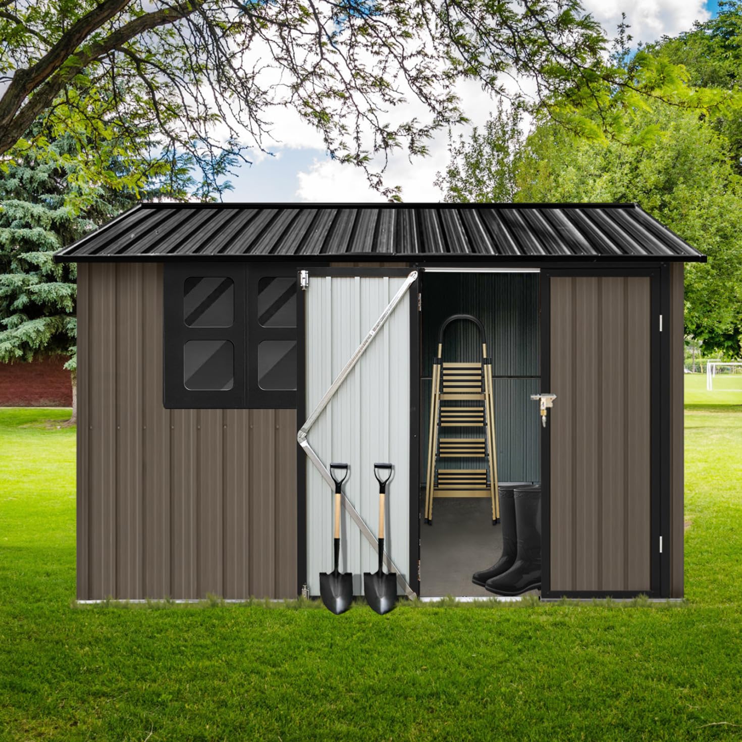 8x6 FT Heavy Duty Metal Outdoor Storage Shed - Weatherproof Tool Shed with Lockable Door, Ventilation & Window - Perfect for Garden Tools, Lawn Mower, Bike Storage (Backyard, Garage & Home Organization)