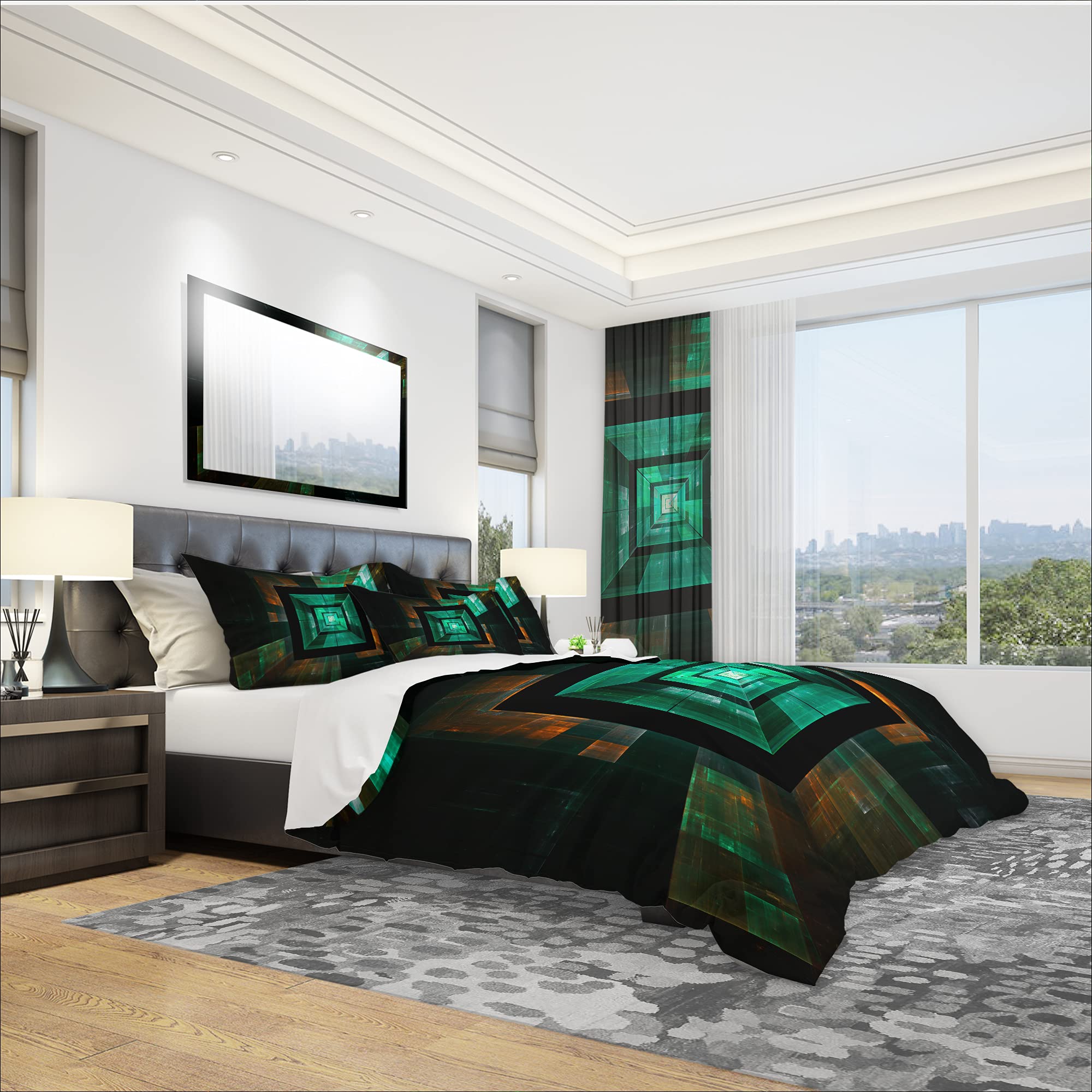 DesignQ Deep Green Infinite Cube Modern Duvet Cover Set - Queen Size Blue Abstract Bedding (3-Piece) | All-Season Contemporary Comforter Cover for Master Bedroom & Guest Room Decor