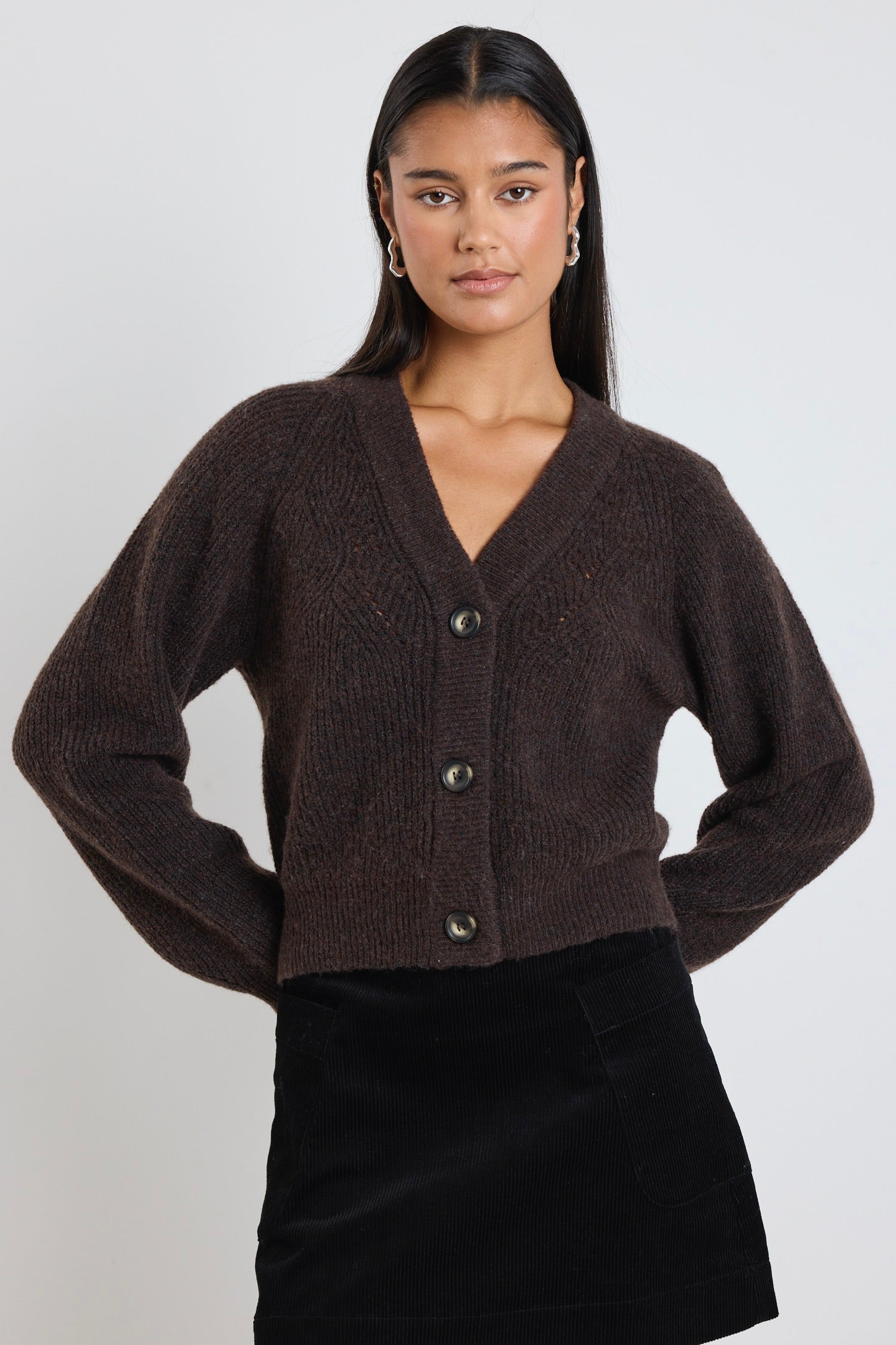 Essence Chocolate Brown Knit Cardigan for Women - Cozy Fall & Winter Sweater for Casual Outfits and Layering