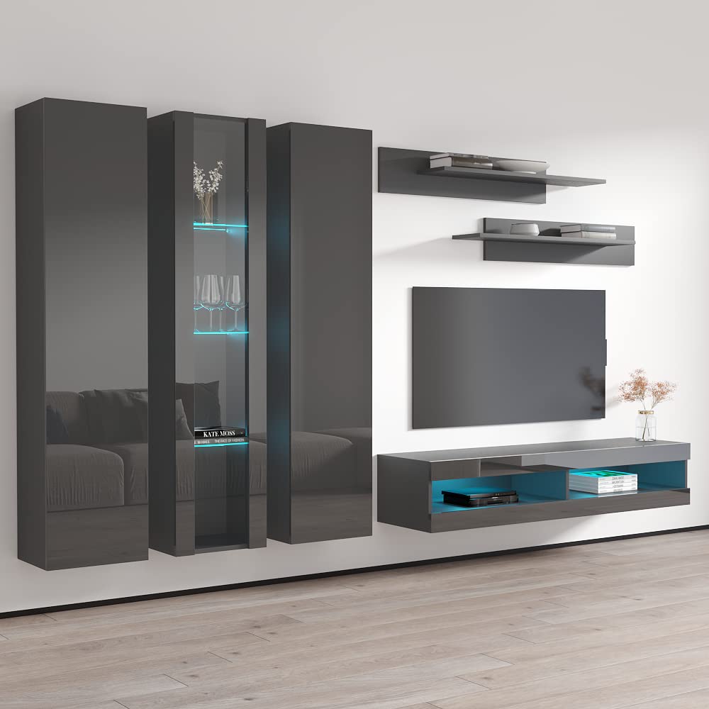 Modern Gray TV Stand with Storage & LED Lights - Wall-Mounted Entertainment Center Console for Bedroom & Living Room - Slim TV Cabinet with Shelves & Adjustable Lighting - Perfect for Small Spaces & Home Theater Setup (Model C4)