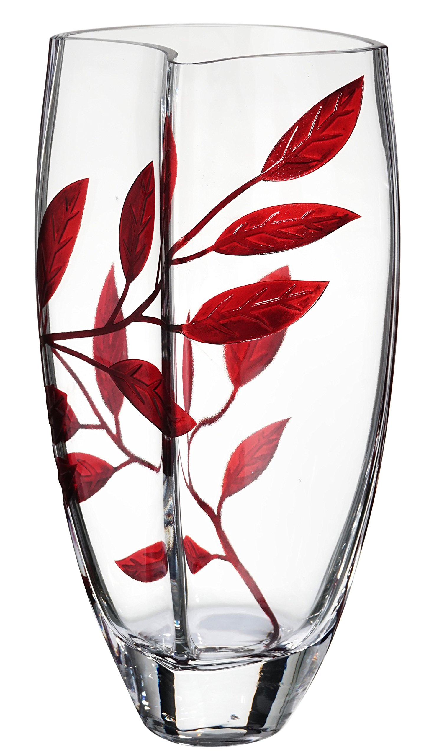 Luxury Hand Blown Glass Vase with Sandblasted Ruby Leaf Design - 11.4 Inch Clear Unique Shape Home Decor - Elegant Gift Box Included - Perfect for Wedding Centerpieces, Living Room Decor & Housewarming Gifts (Red, 29 cm)