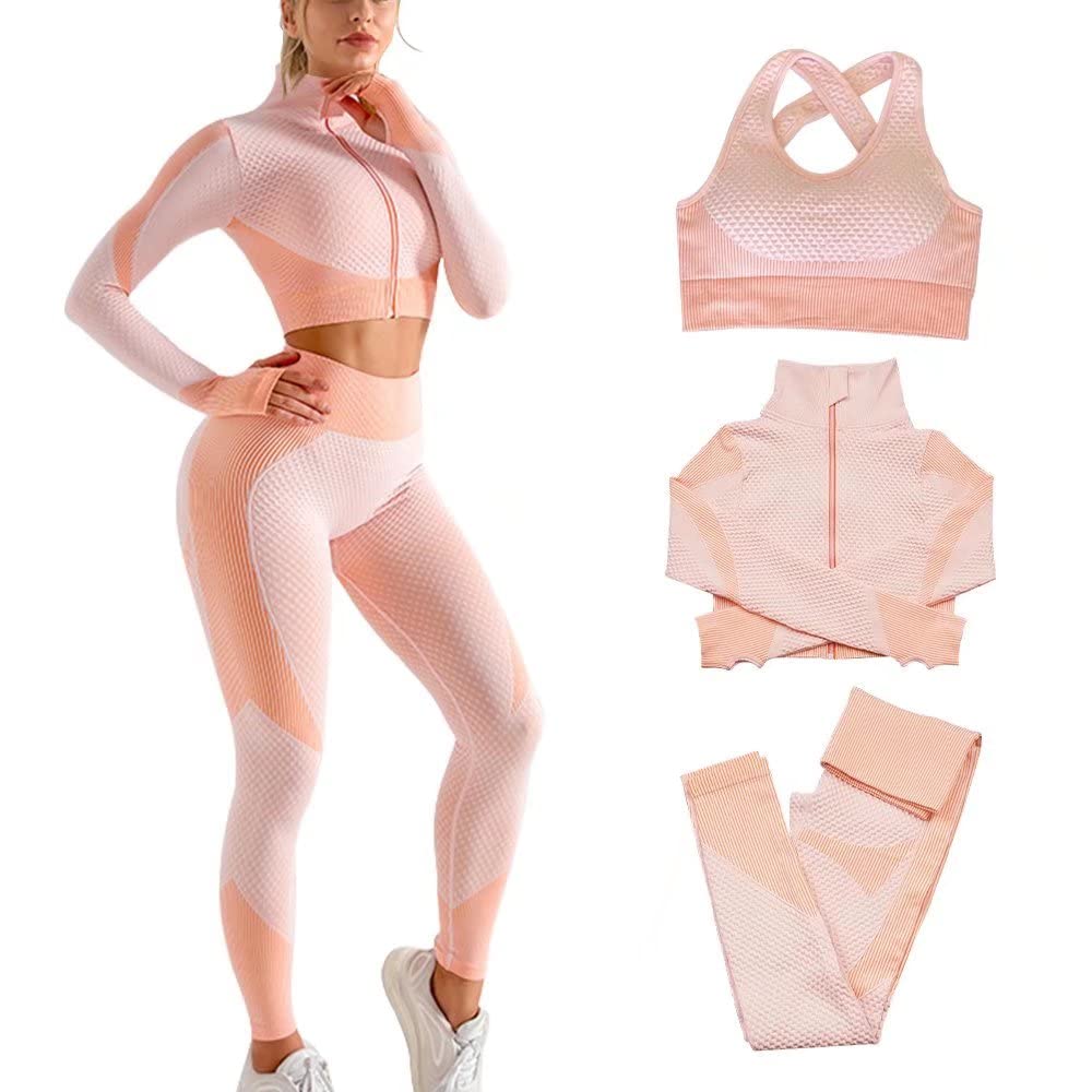 Women's 3-Piece Seamless Workout Outfit Set - Yoga Sports Bra, Leggings & Tracksuit for Gym, Running & Fitness Training | Comfortable Stretch Activewear for Women's Exercise & Yoga Classes