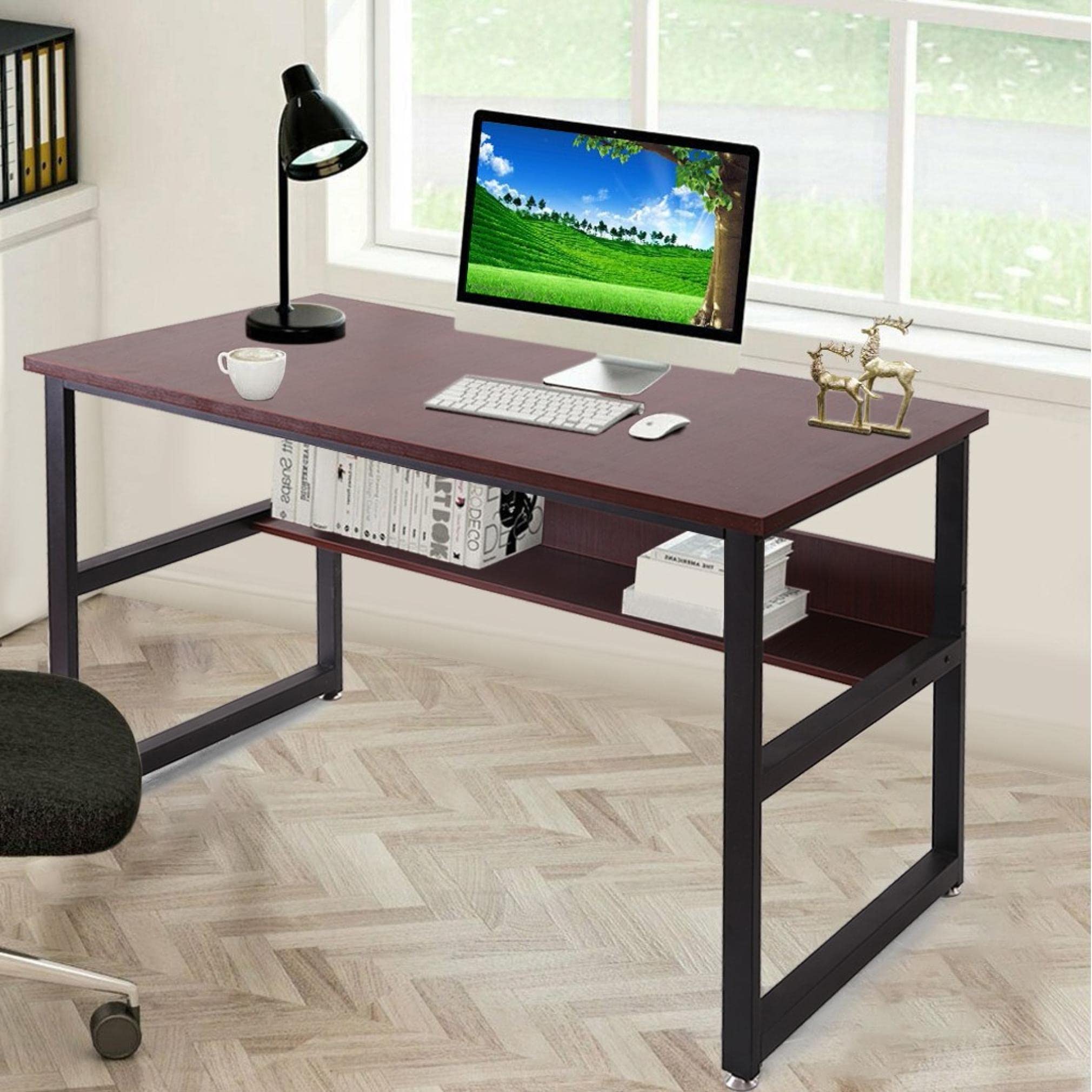 Boddenly Home Computer Desk with Bookshelf - Portable Office Desk Workstation for PC & Laptop, Study Table with Easy Assembly, Wine Finish - Ideal for Home Office, Study Room & Small Spaces