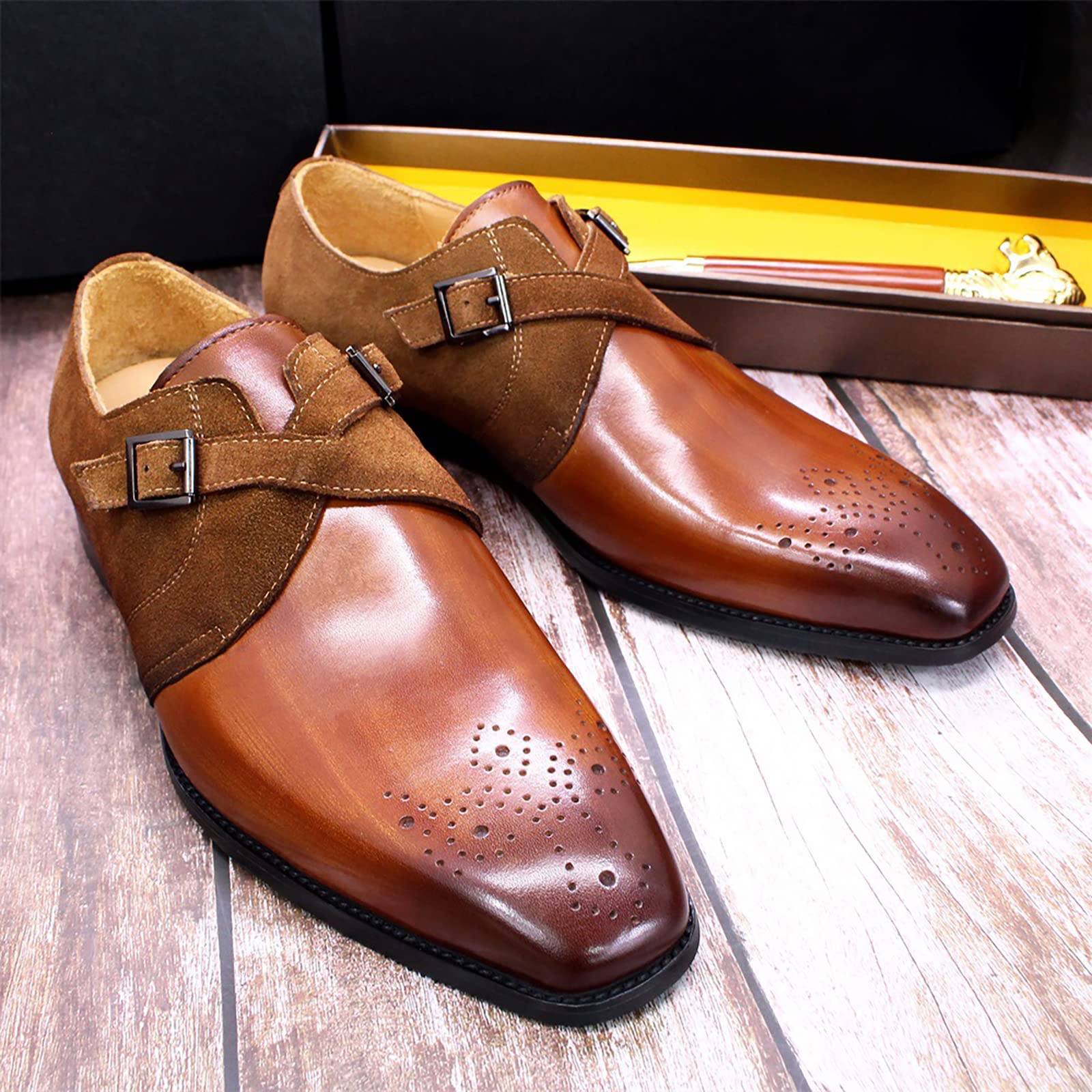 Men's Oxford Dress Shoes - Buckle Slip On Monk Strap Leather Shoes | Non-Slip Brogues for Wedding & Office | Brown Size 39 | Classic Formal & Business Attire