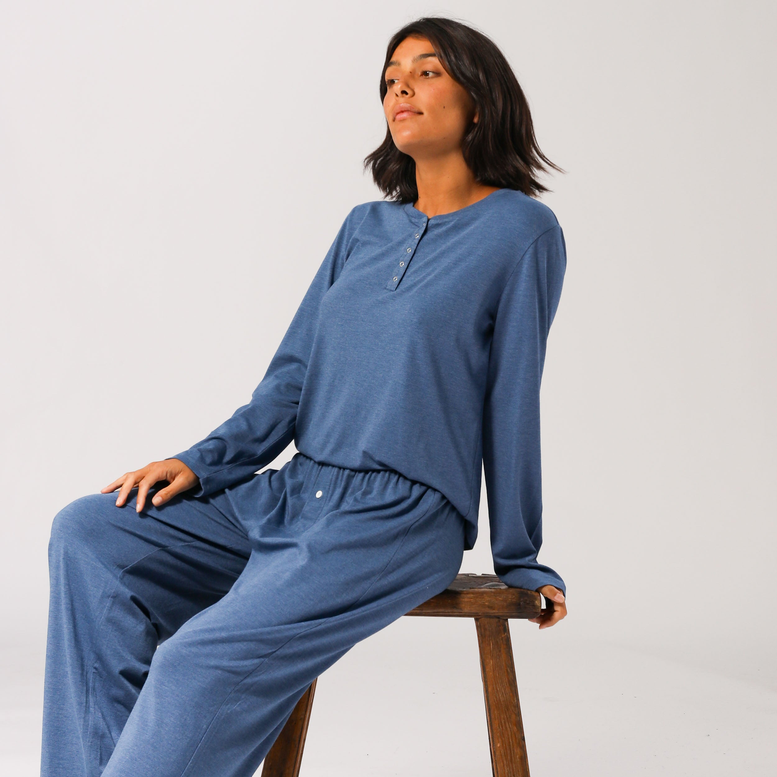 Women's Bamboo Long Sleeve T-Shirt - Soft & Breathable Blue Marle Crewneck Top for Yoga, Lounge & Everyday Wear
