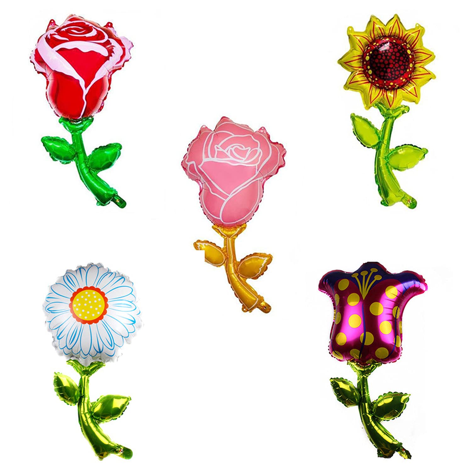 5-Pack Colorful Foil Flower Balloons - Sunflower, Daisy, Pink Rose, Red Rose & Tulip Mylar Balloons for Baby Shower, Birthday Party, Wedding Decorations - Spring Summer Floral Theme Party Decor