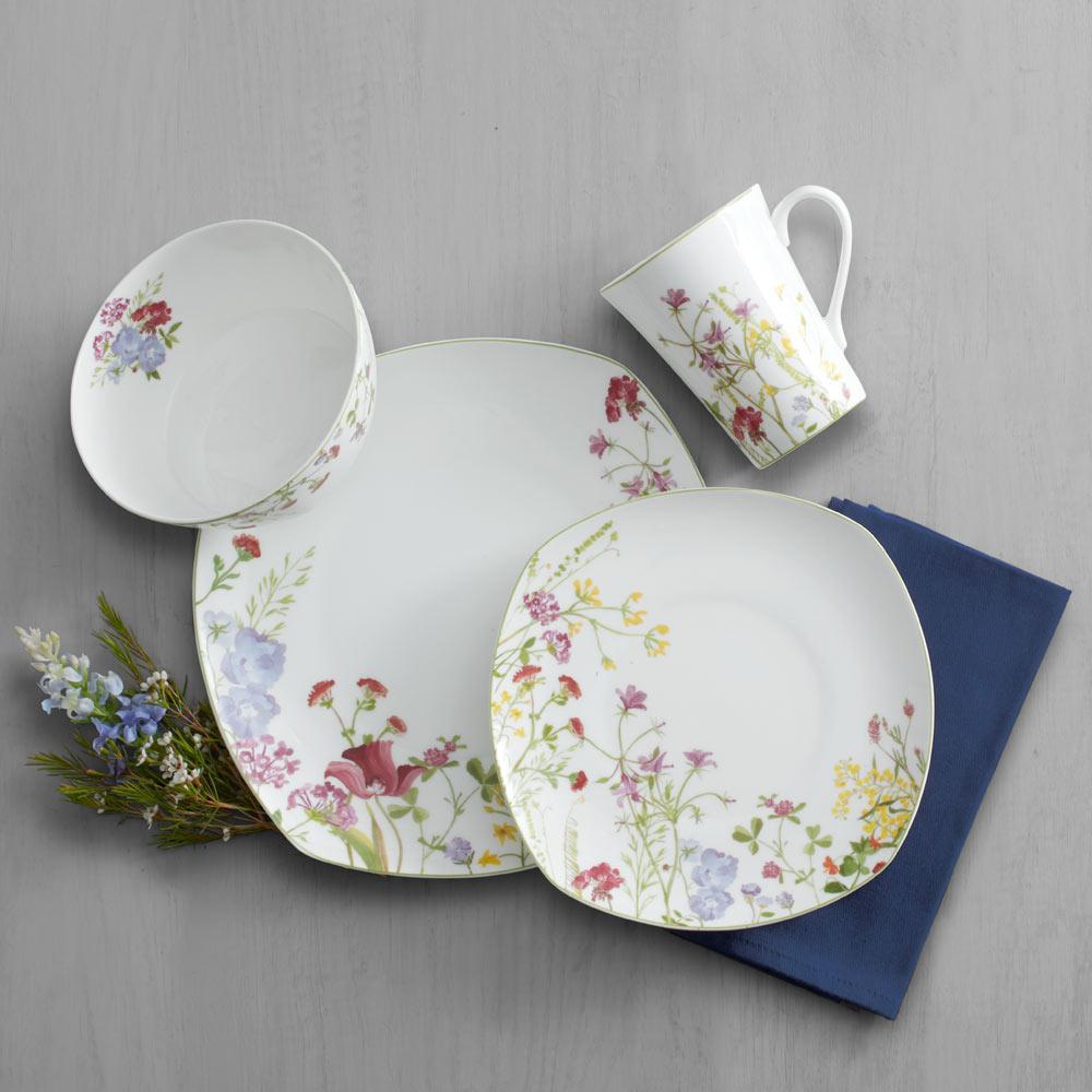 16-Piece Wildflower Garden Square Dinnerware Set - Service for 4, Floral Printed Stoneware Plates & Bowls - Perfect for Spring Brunch, Outdoor Picnics & Farmhouse Dining