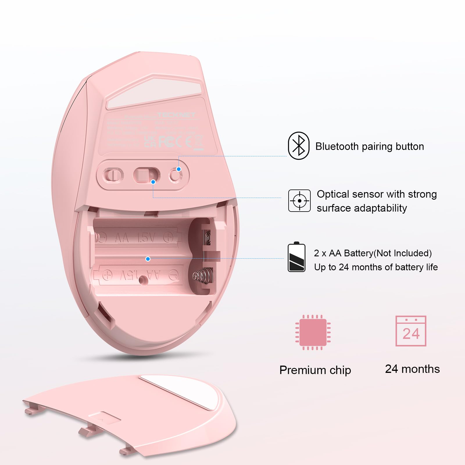 TECKNET Bluetooth Wireless Mouse - 4800 DPI Adjustable Computer Mouse with 24-Month Battery Life, 6 Buttons for iPad Pro, Laptop, Surface Pro, Windows PC & Chromebook (Pink) - Perfect for Office Work, Gaming & Travel Use