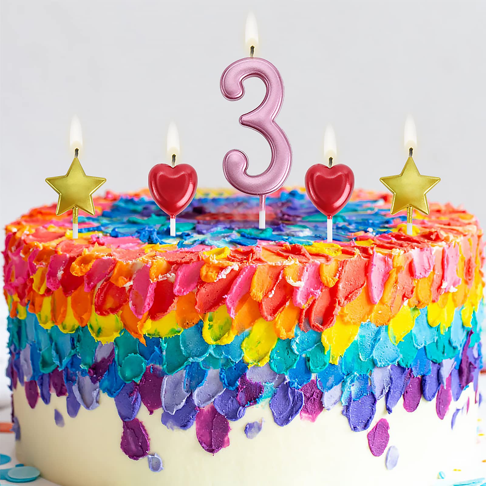 5th Birthday Candles Pink - Number Cake Candles with Star & Heart Topper for Kids Party Decor