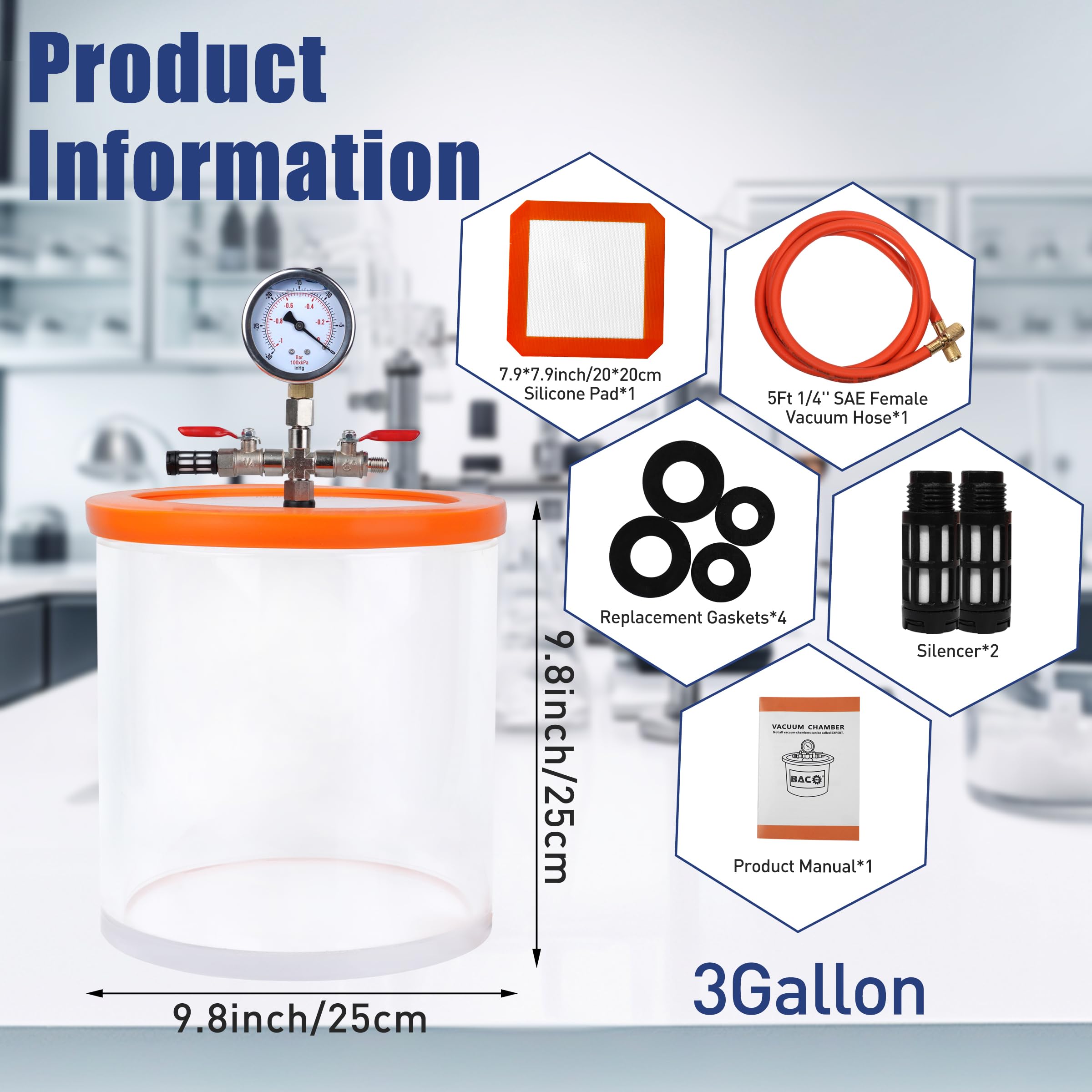 BACOENG 3 Gallon Vacuum Chamber Kit for Resin, Silicone & Epoxy Degassing - Clear Acrylic Vacuum Pot for Mold Making, Casting & DIY Crafts (Perfect for Jewelry, Art Projects & Industrial Applications)