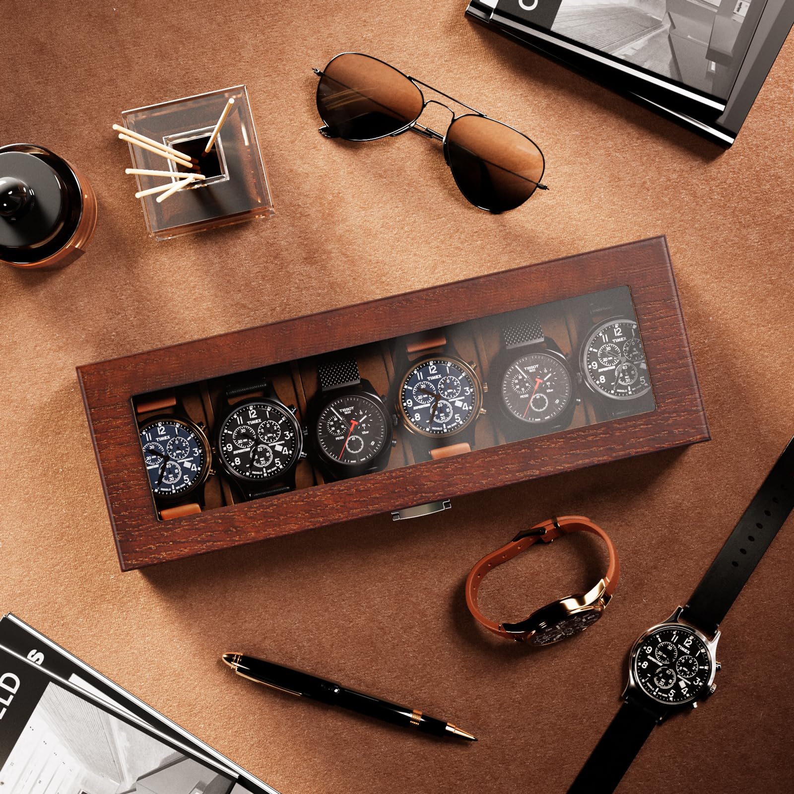 ProCase 6-Slot Wooden Watch Box for Men - Premium Watch Display Case & Organizer with Glass Lid - Espresso Finish - Perfect for Watch Storage, Collection Display & Gift Giving