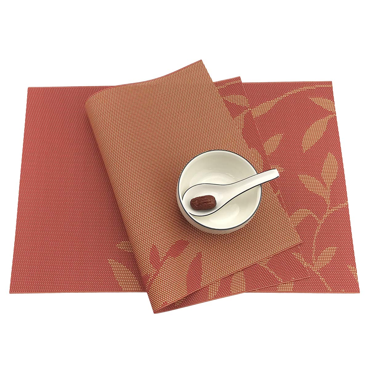 Gugrida 6-Piece PVC Woven Vinyl Placemats Set - Natural Color with Orange Leaves Design, Waterproof & Heat-Resistant Table Mats for Dining, Kitchen, and Outdoor Use